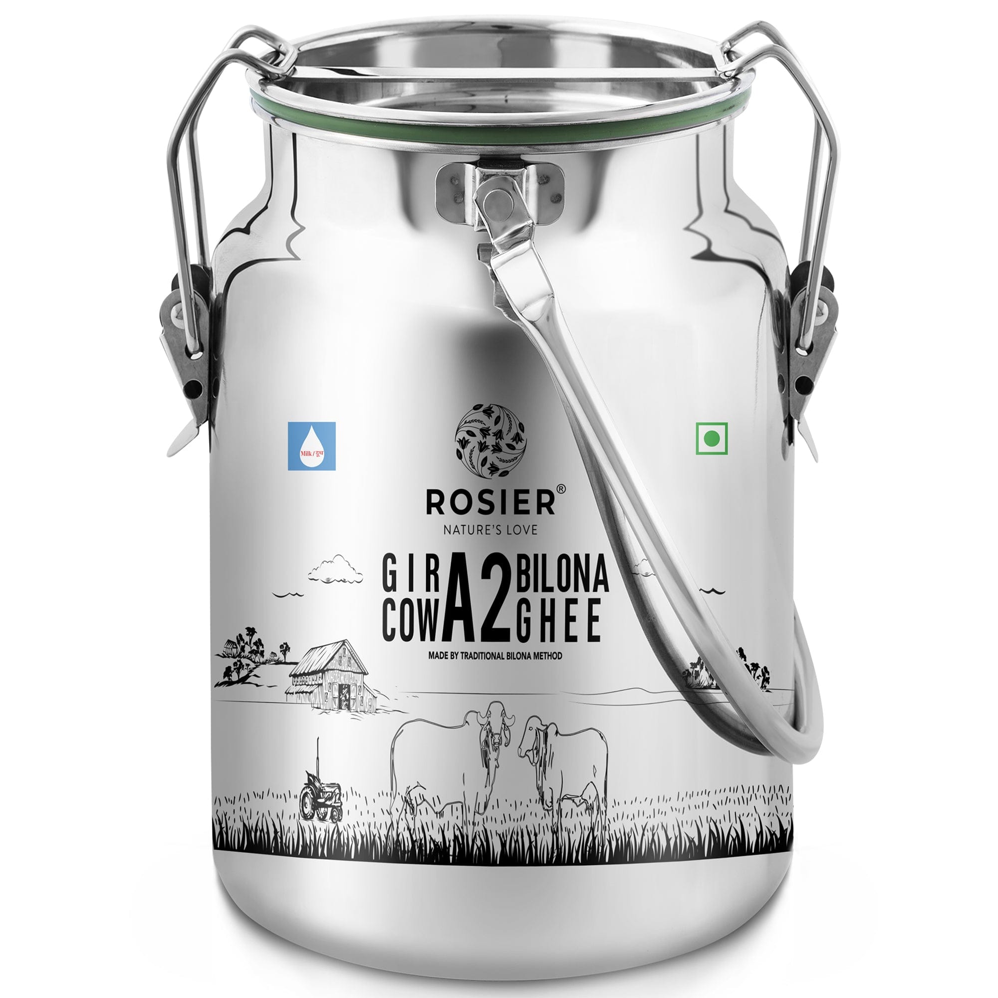Rosier Foods Gir Cow A2 Ghee - Made From Curd 2 Ltr (Steel Dolchi)