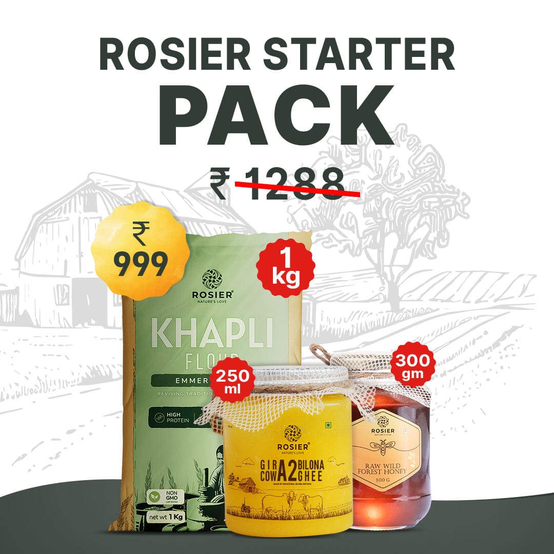 Rosier Foods Starter Pack 1kg Khapli Atta + 250ml Ghee + 300gm Honey