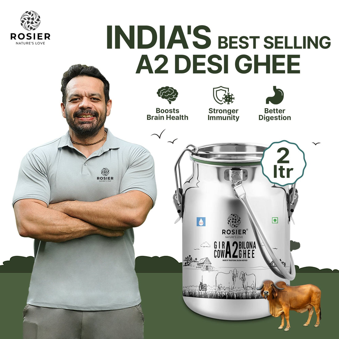 Rosier Foods Gir Cow A2 ghee - Made From Curd (2 Ltr - Steel Dolchi) 2 Ltr (Steel Dolchi)