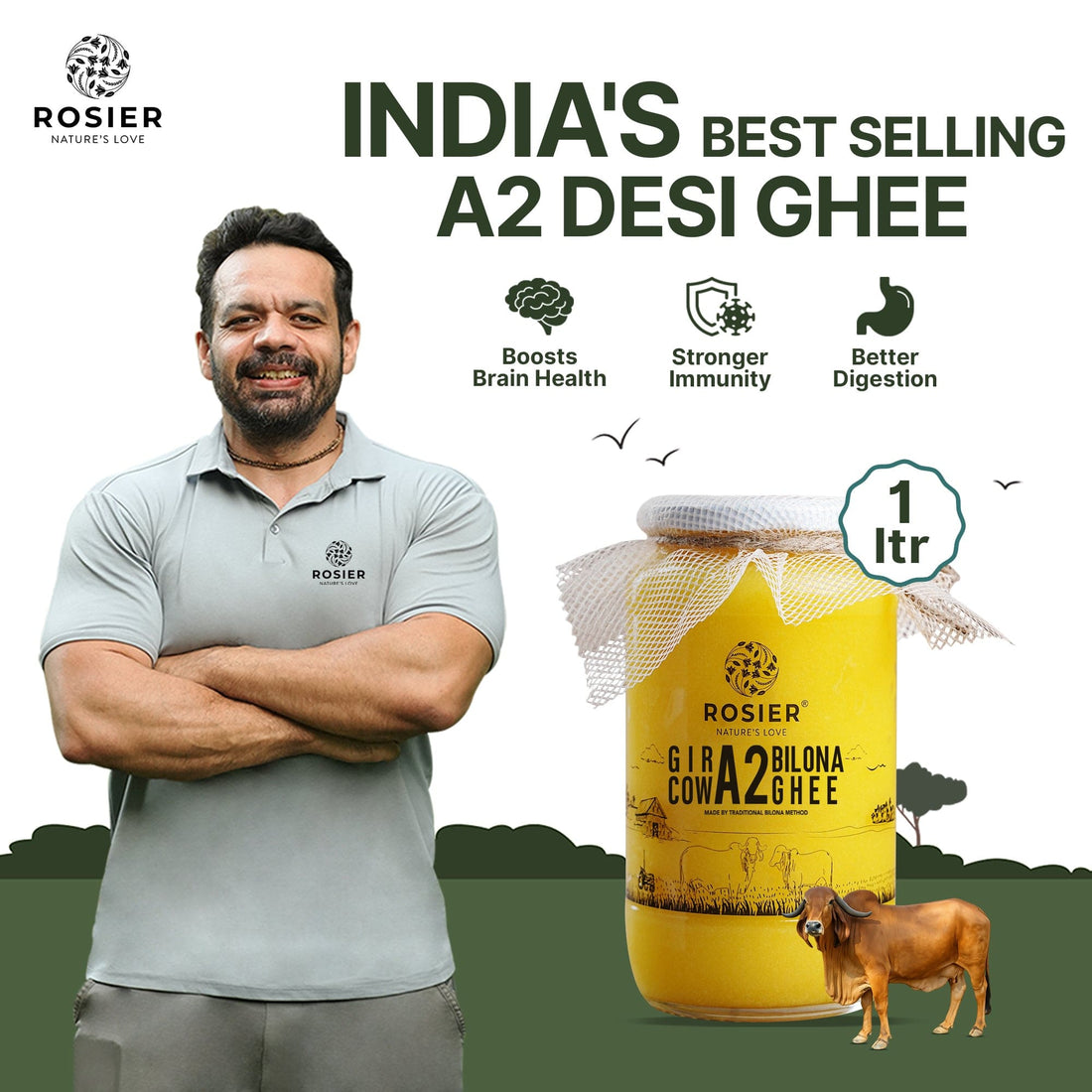 Rosier Foods Gir Cow A2 Ghee - Made From Curd 1 Ltr