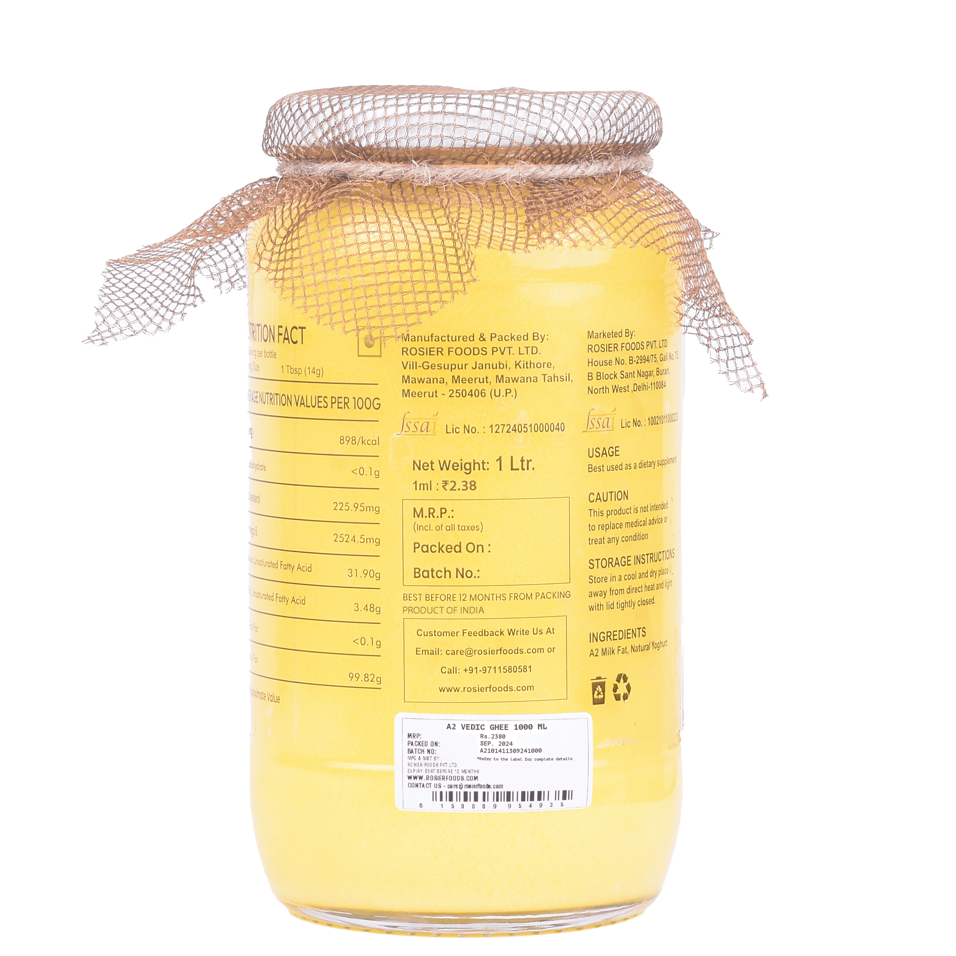 Rosier Foods Gir Cow A2 ghee - Made From Curd