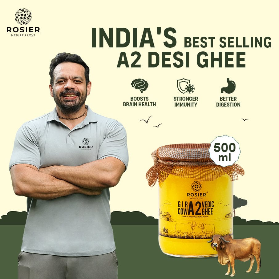 Rosier Foods A2 Gir Cow Desi Ghee – 100% Grass-Fed Bilona Method – Boosts Digestion, Gut, & Joint Health 500 ML