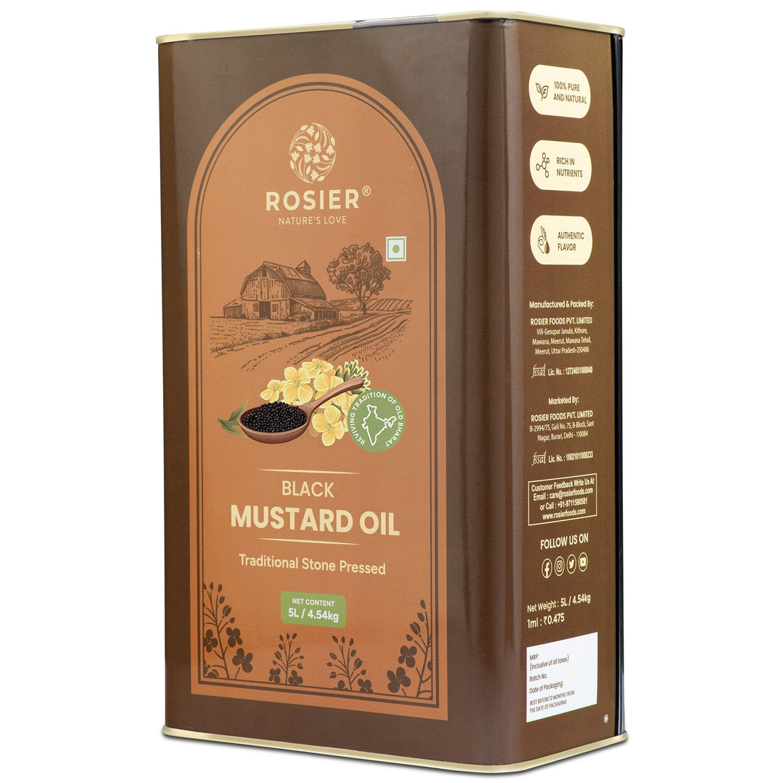 Rosier Foods Stone Pressed Black Mustard Oil 5 Ltr 5 L (Tin Pack)