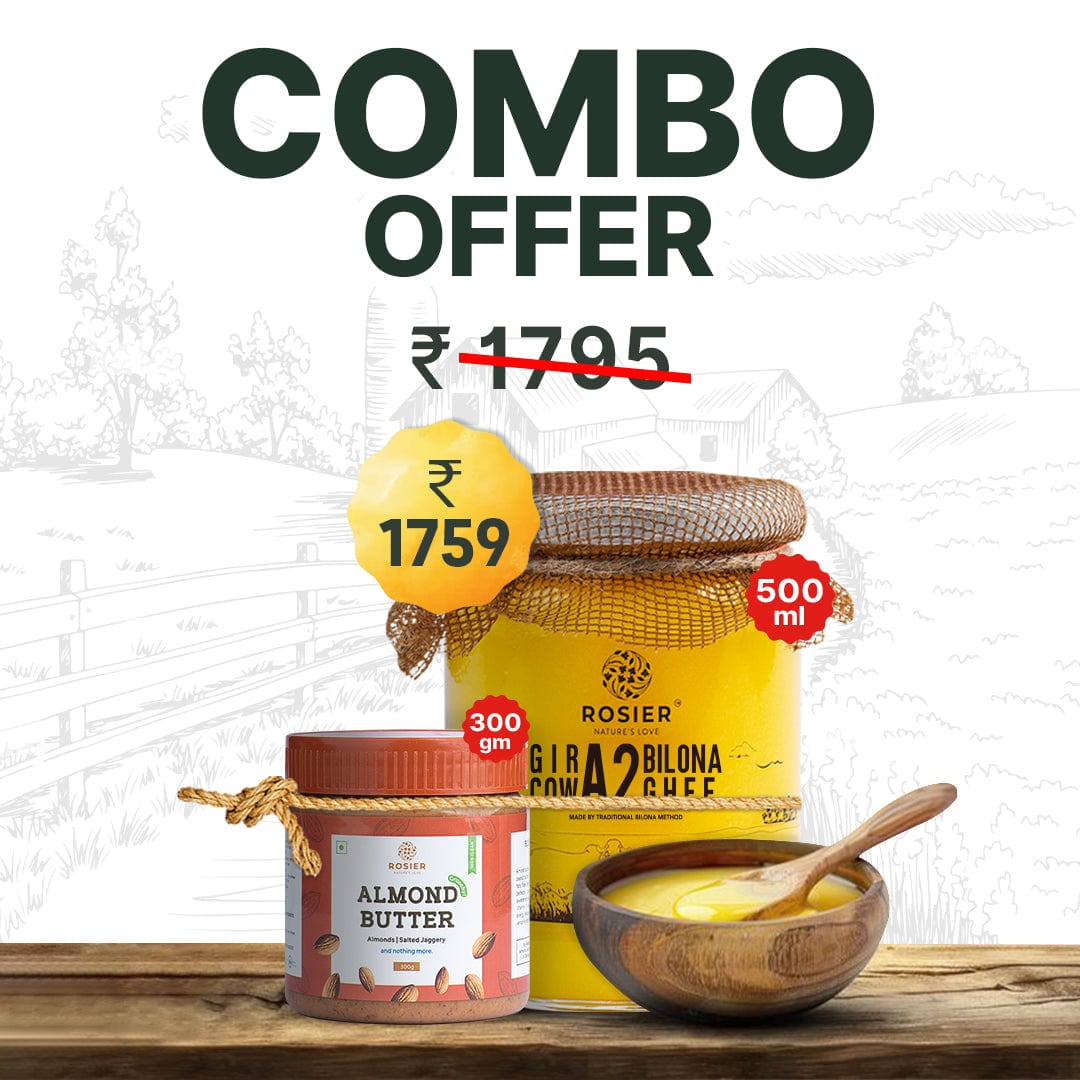 Rosier Foods A2 Cow Ghee 500 ml + Almond Crunchy Nut Butter 300 gm 500ml + 300gm