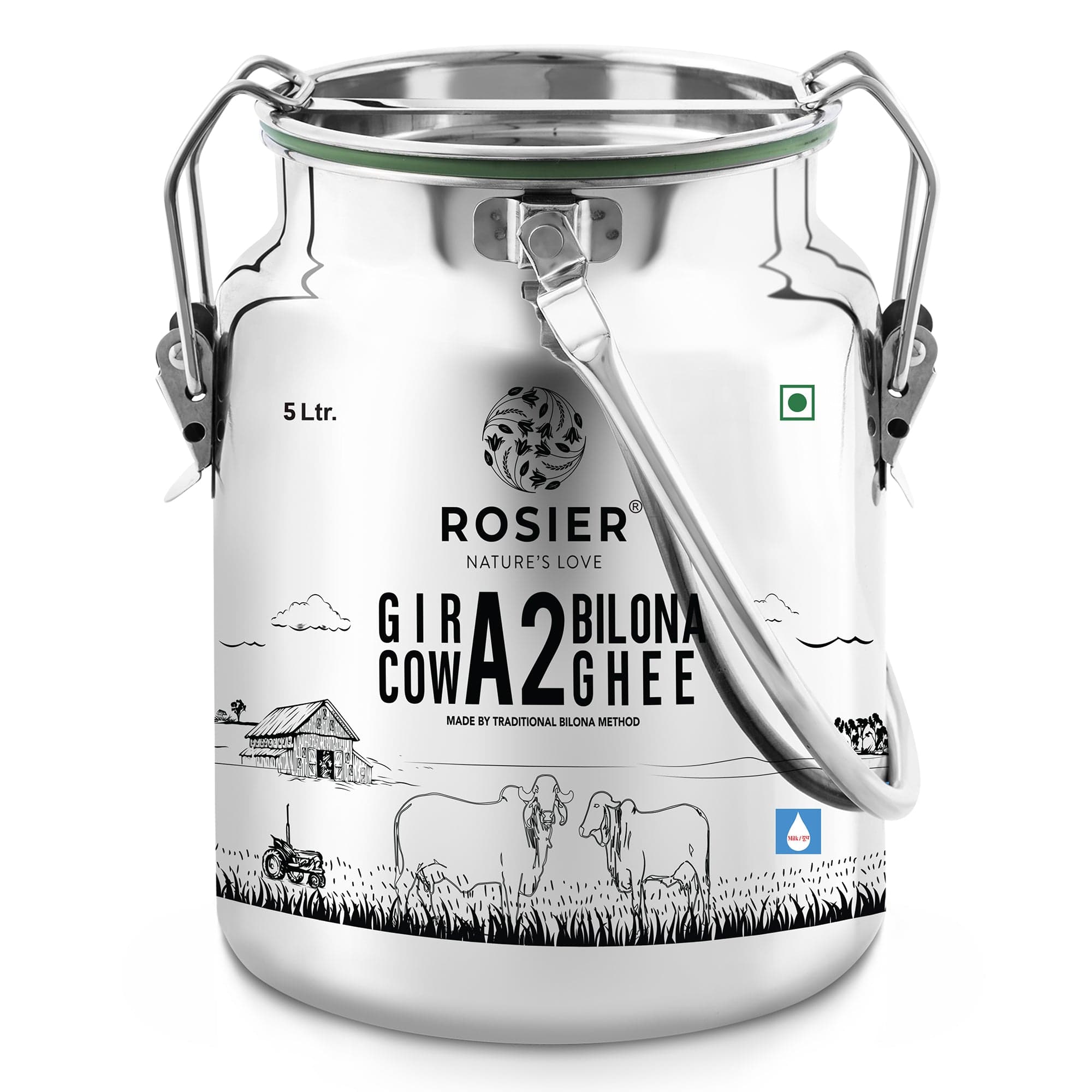 Rosier Foods Gir Cow A2 ghee - Made From Curd (5 Ltr - Steel Dolchi) 5 Ltr (Steel Dolchi)