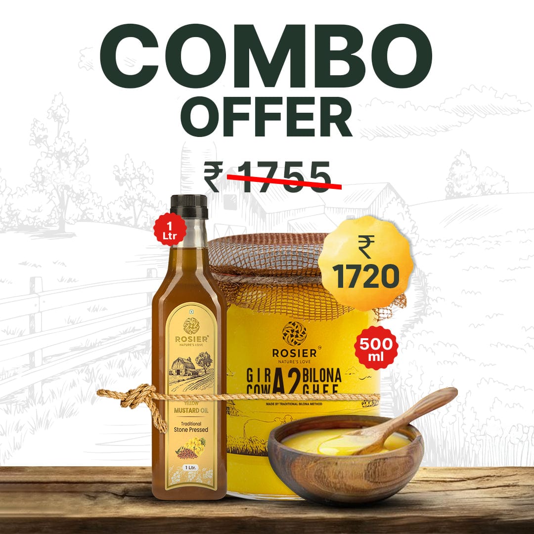 Rosier Foods A2 Cow Ghee 500 ml + Yellow Mustard Oil 1 L 500ml + 1 L