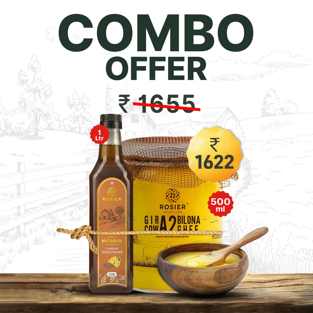 Rosier Foods A2 Cow Ghee 500 ml + Black Mustard Oil 1 L 500ml + 1 L