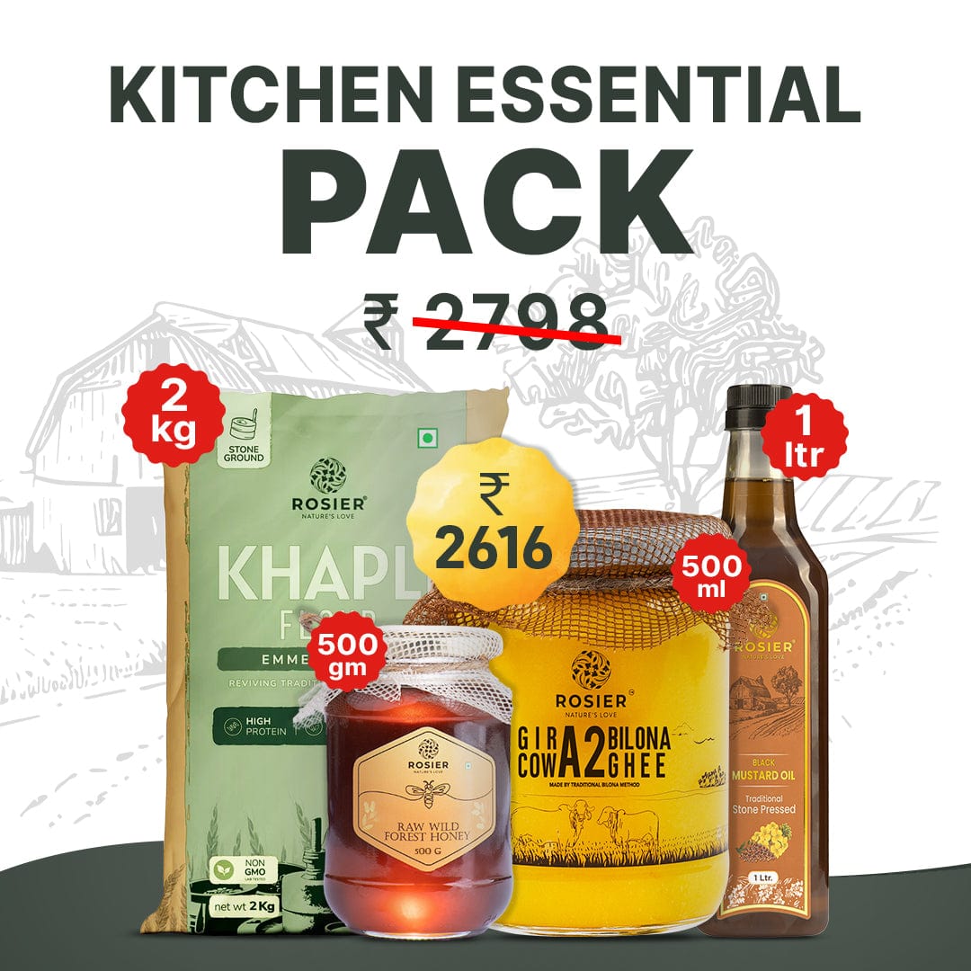 Rosier Foods Essential Kitchen Pack 2kg Khapli Atta + 500ml Ghee + 500gm Honey + 1L Oil