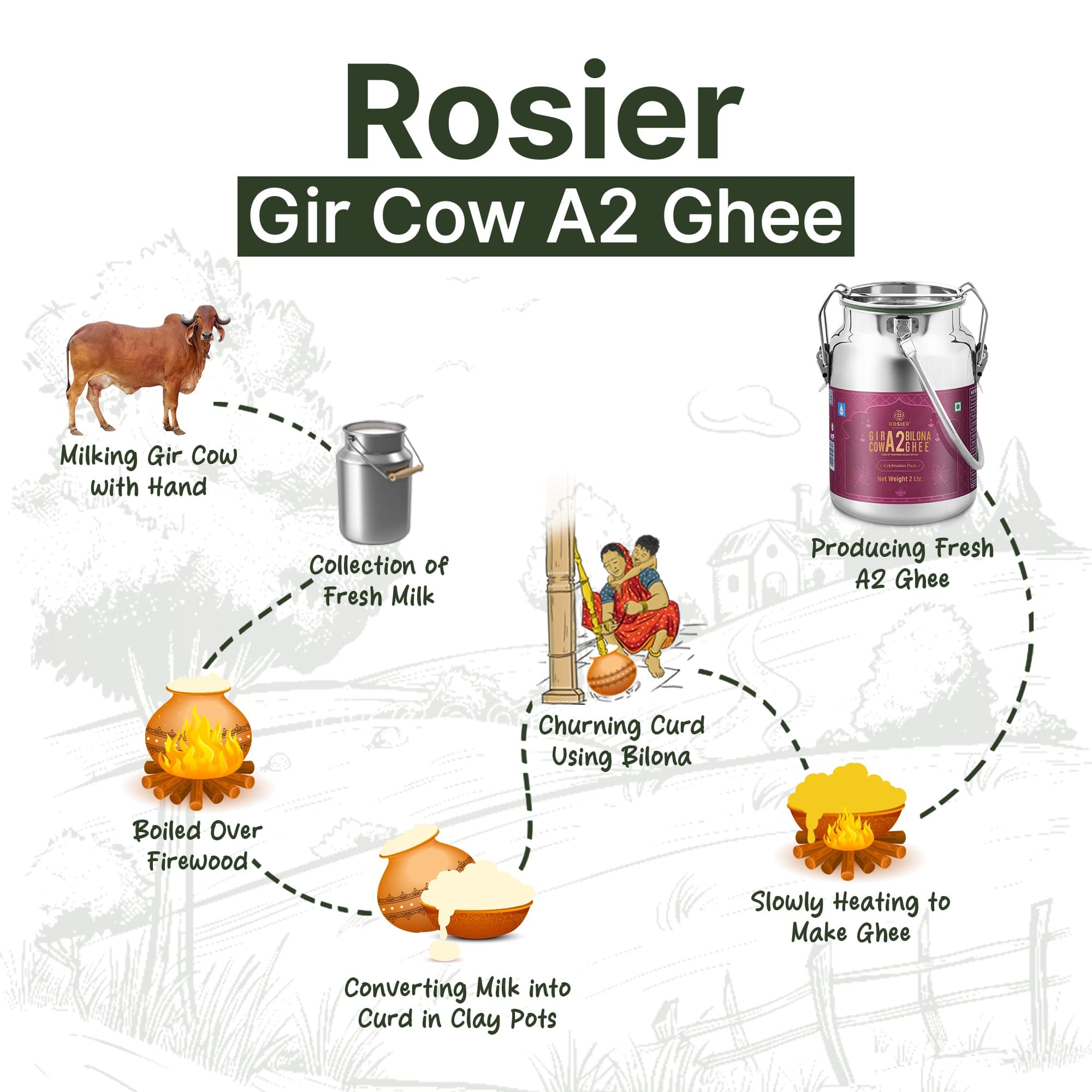 Rosier Foods Gir Cow A2 ghee - Made From Curd (2 Ltr - Steel Dolchi) 2 Ltr (Steel Dolchi)