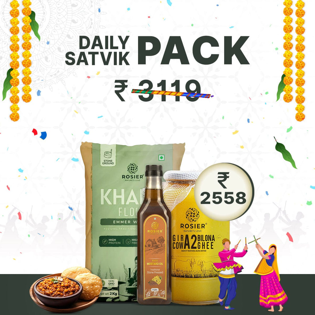 Rosier Foods Daily Satvik Pack 2Kg Khapli Atta + 1Ltr Black Mustard Oil + 1Ltr Desi Ghee