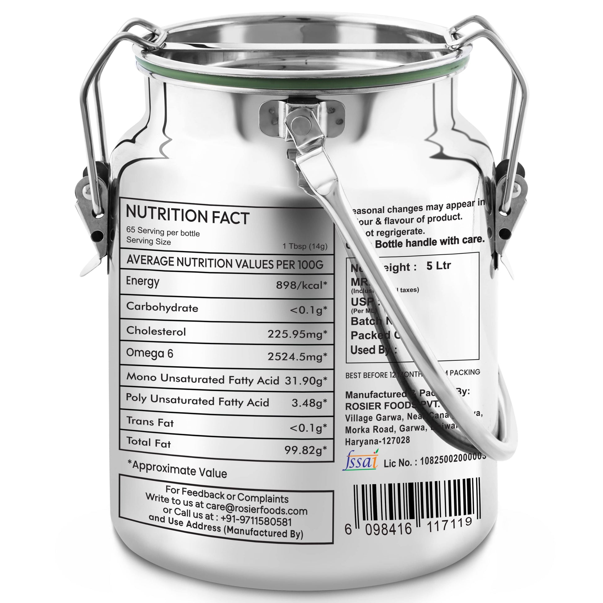 Rosier Foods Gir Cow A2 ghee - Made From Curd (5 Ltr - Steel Dolchi) 5 Ltr (Steel Dolchi)