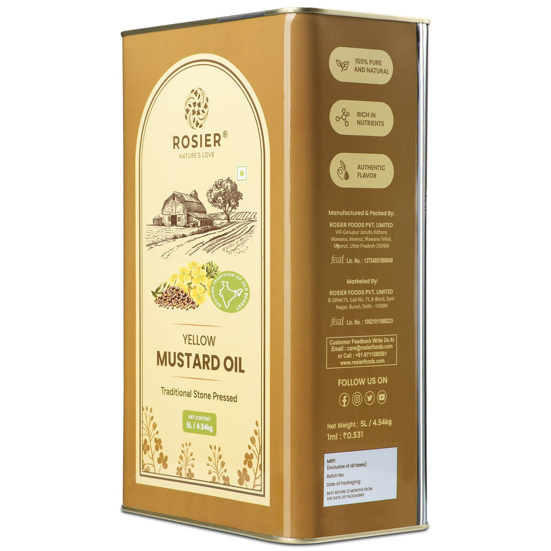 Rosier Foods Stone Pressed Yellow Mustard Oil 5 Ltr 5 L (Tin Pack)
