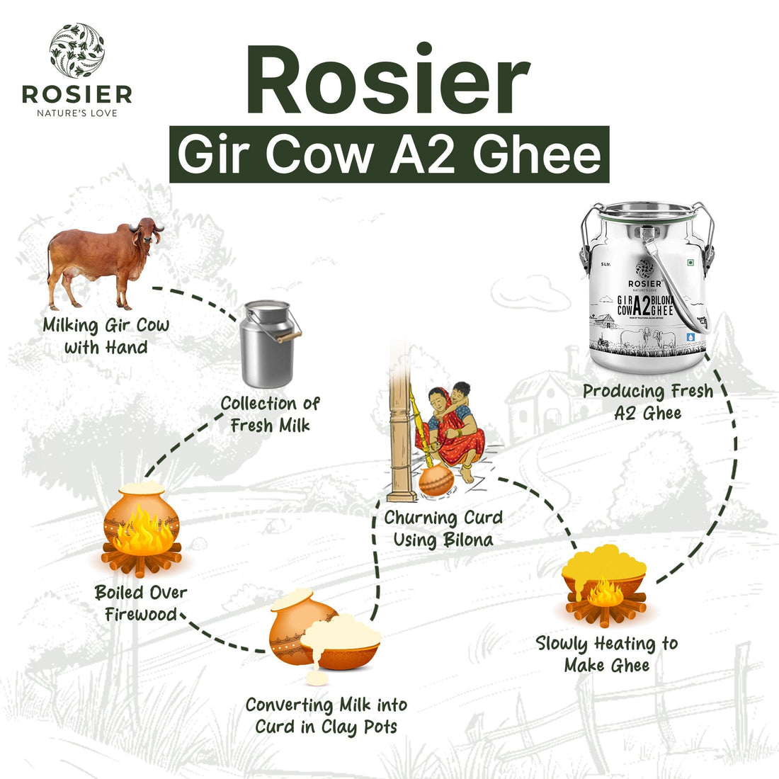 Rosier Foods Gir Cow A2 ghee - Made From Curd (5 Ltr - Steel Dolchi) 5 Ltr (Steel Dolchi)