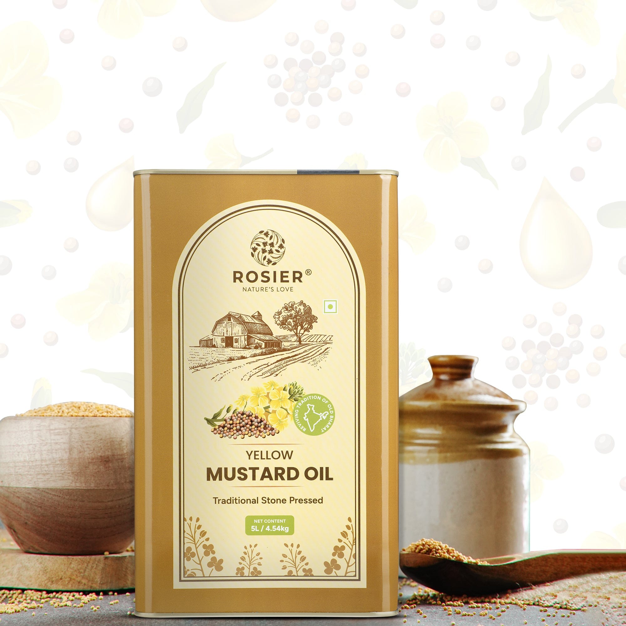 Rosier Foods Stone Pressed Yellow Mustard Oil 5 Ltr 5 L (Tin Pack)