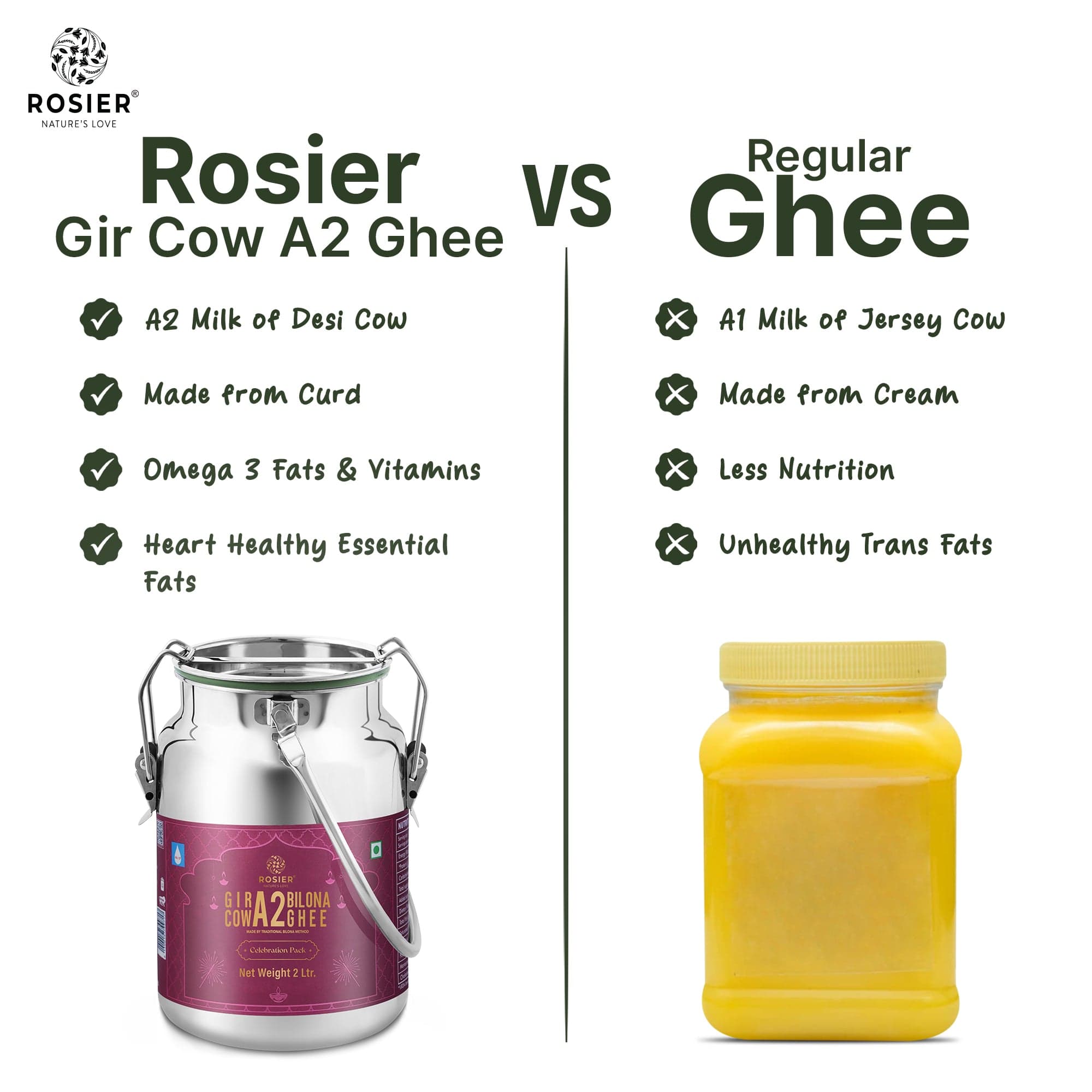 Rosier Foods Gir Cow A2 ghee - Made From Curd (2 Ltr - Steel Dolchi) 2 Ltr (Steel Dolchi)
