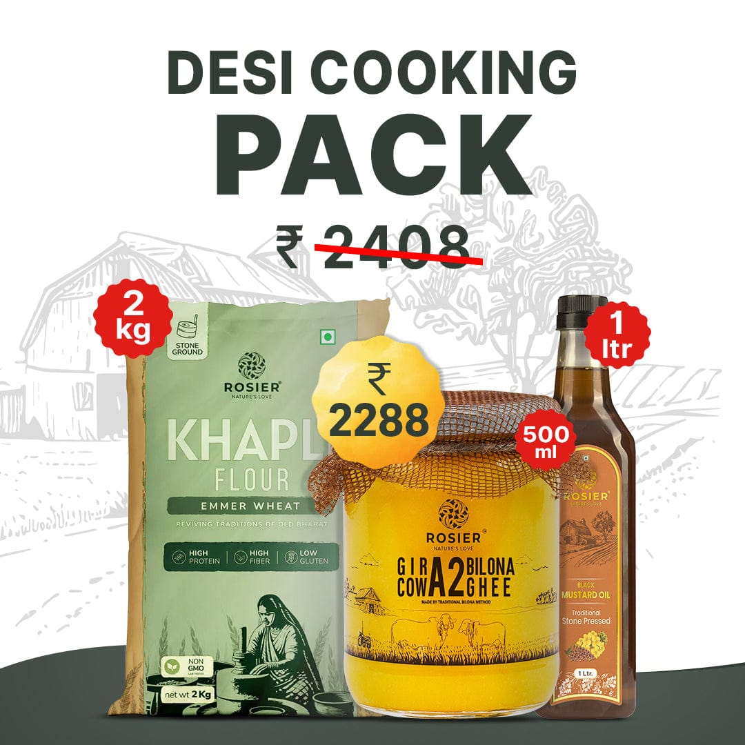 Rosier Foods Desi Cooking Pack 2kg Khapli Atta + 500ml Ghee + 1L Oil