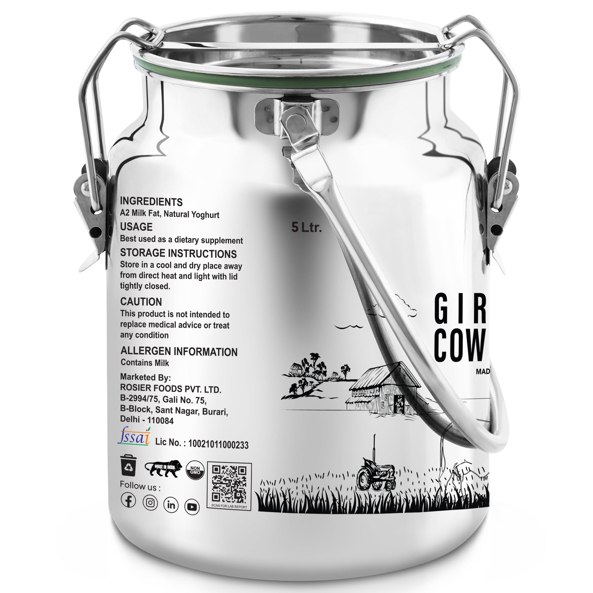 Rosier Foods Gir Cow A2 ghee - Made From Curd (5 Ltr - Steel Dolchi) 5 Ltr (Steel Dolchi)