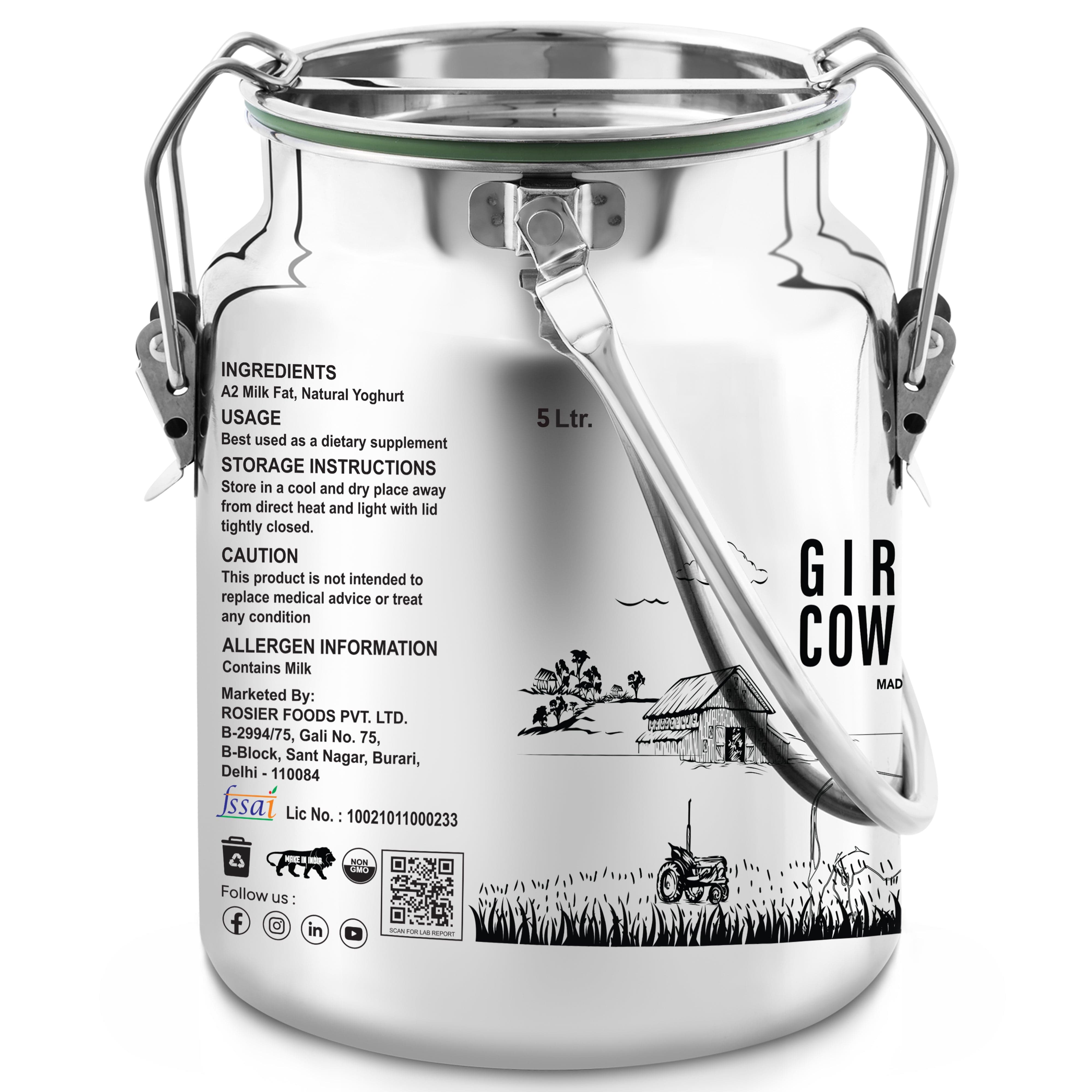 Rosier Foods Gir Cow A2 ghee - Made From Curd (5 Ltr - Steel Dolchi) 5 Ltr (Steel Dolchi)