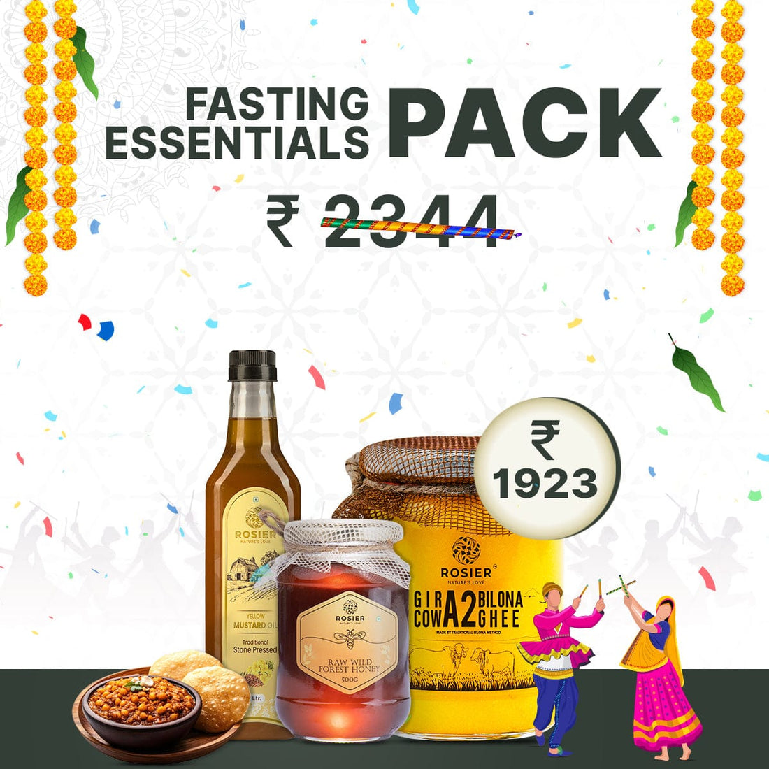 Rosier Foods Fasting Essentials Pack 500ml Desi Ghee + 500g Wild Forest Honey + 1Ltr Yellow Mustard Oil