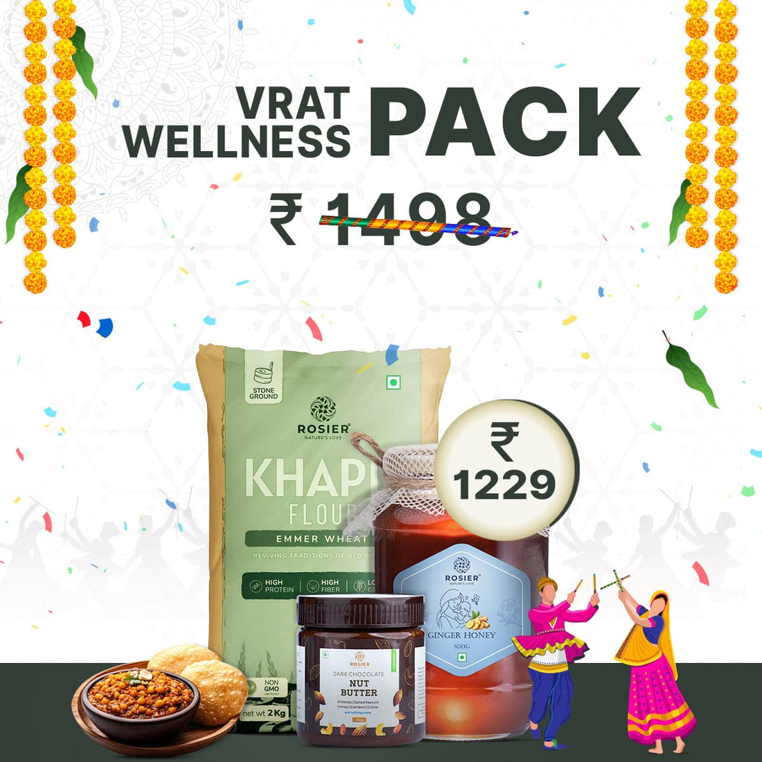 Rosier Foods Vrat Wellness Pack 2Kg Khapli Atta + 500G Ginger Honey + 300G Dark Chocolate Nut Butter