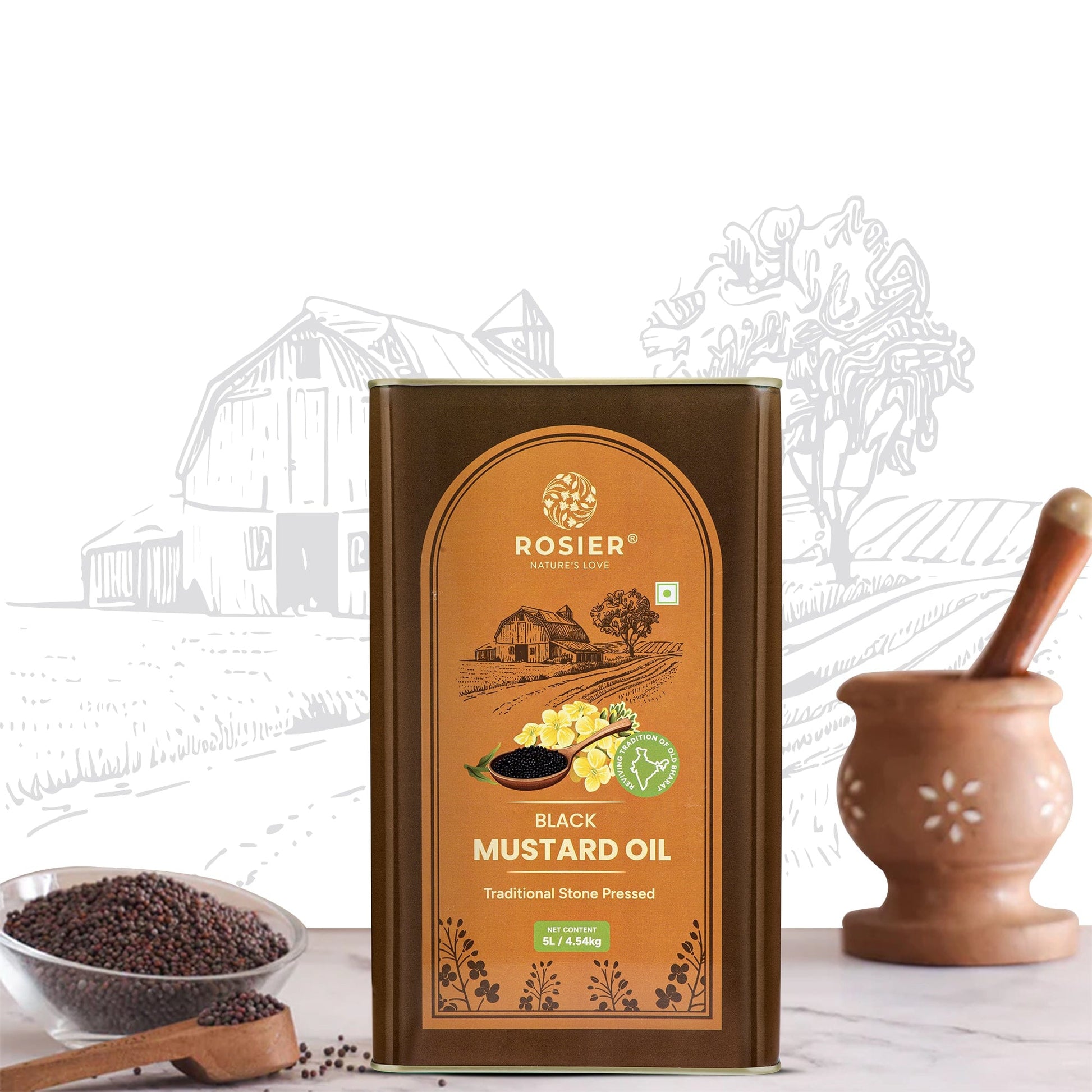 Rosier Foods Stone Pressed Black Mustard Oil 5 Ltr 5 L (Tin Pack)