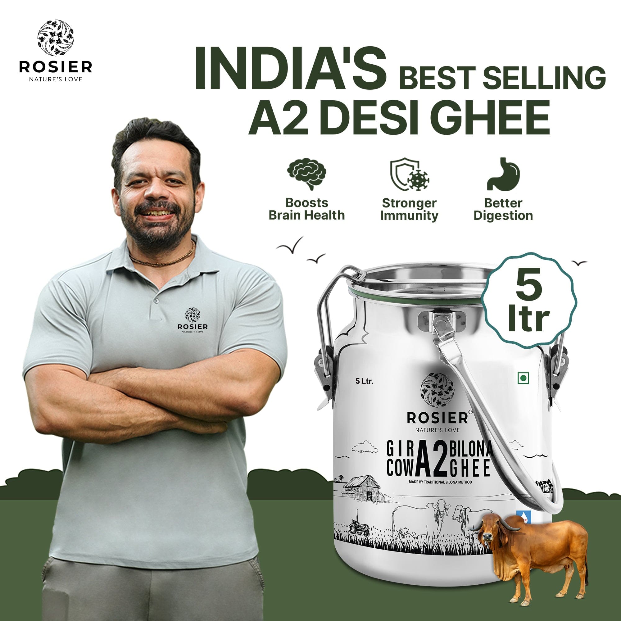 Rosier Foods Gir Cow A2 ghee - Made From Curd (5 Ltr - Steel Dolchi) 5 Ltr (Steel Dolchi)