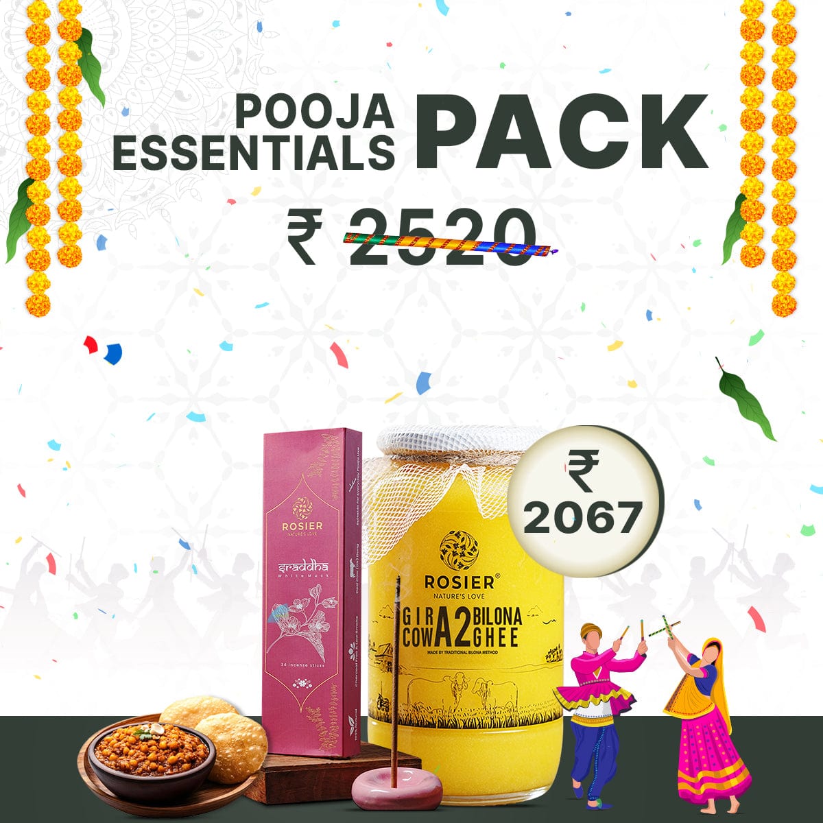 Rosier Foods Pooja Essentials Pack 1Ltr Desi Ghee + White Musk Dhoop Incense Sticks