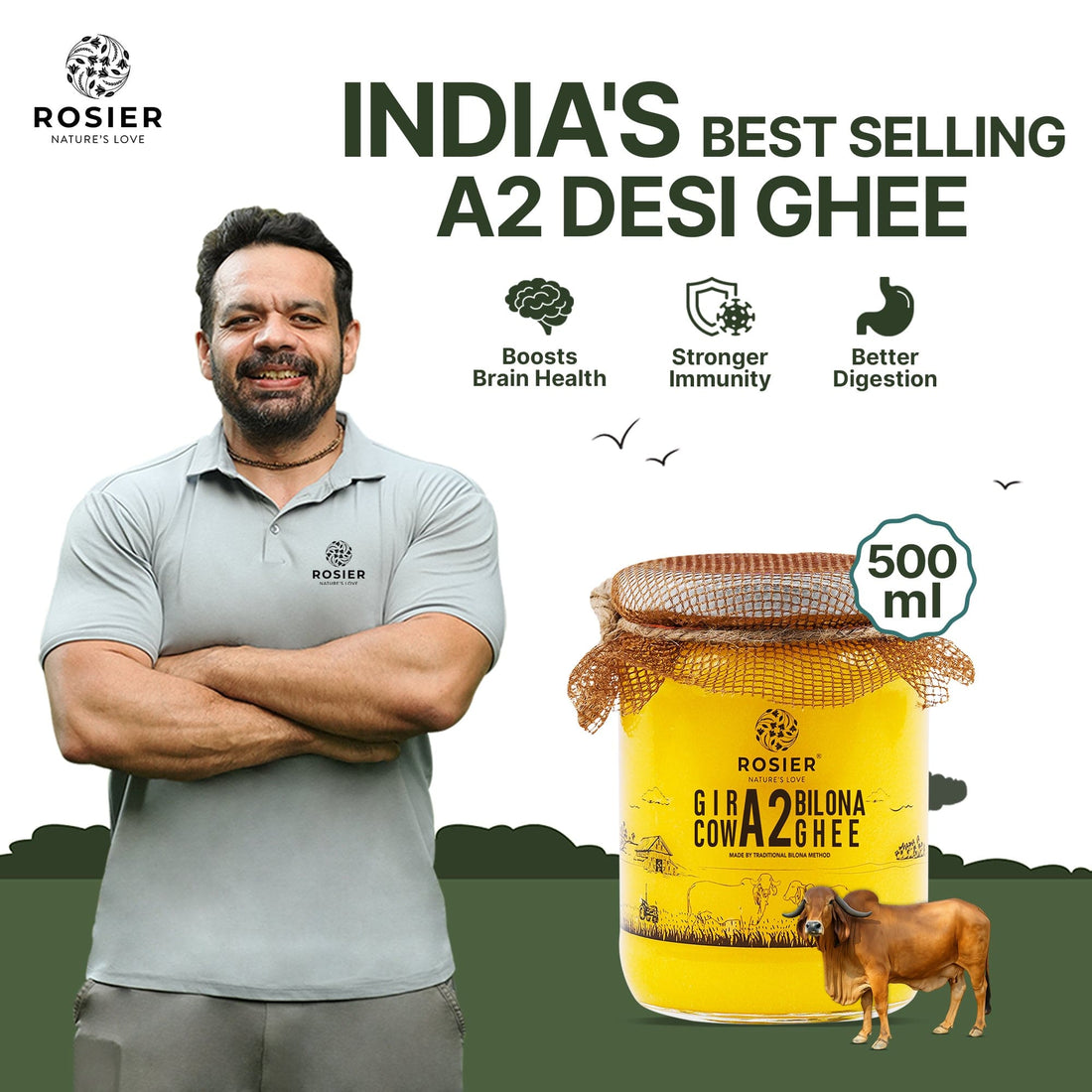 Rosier Foods Gir Cow A2 Ghee - Made From Curd 500 ML