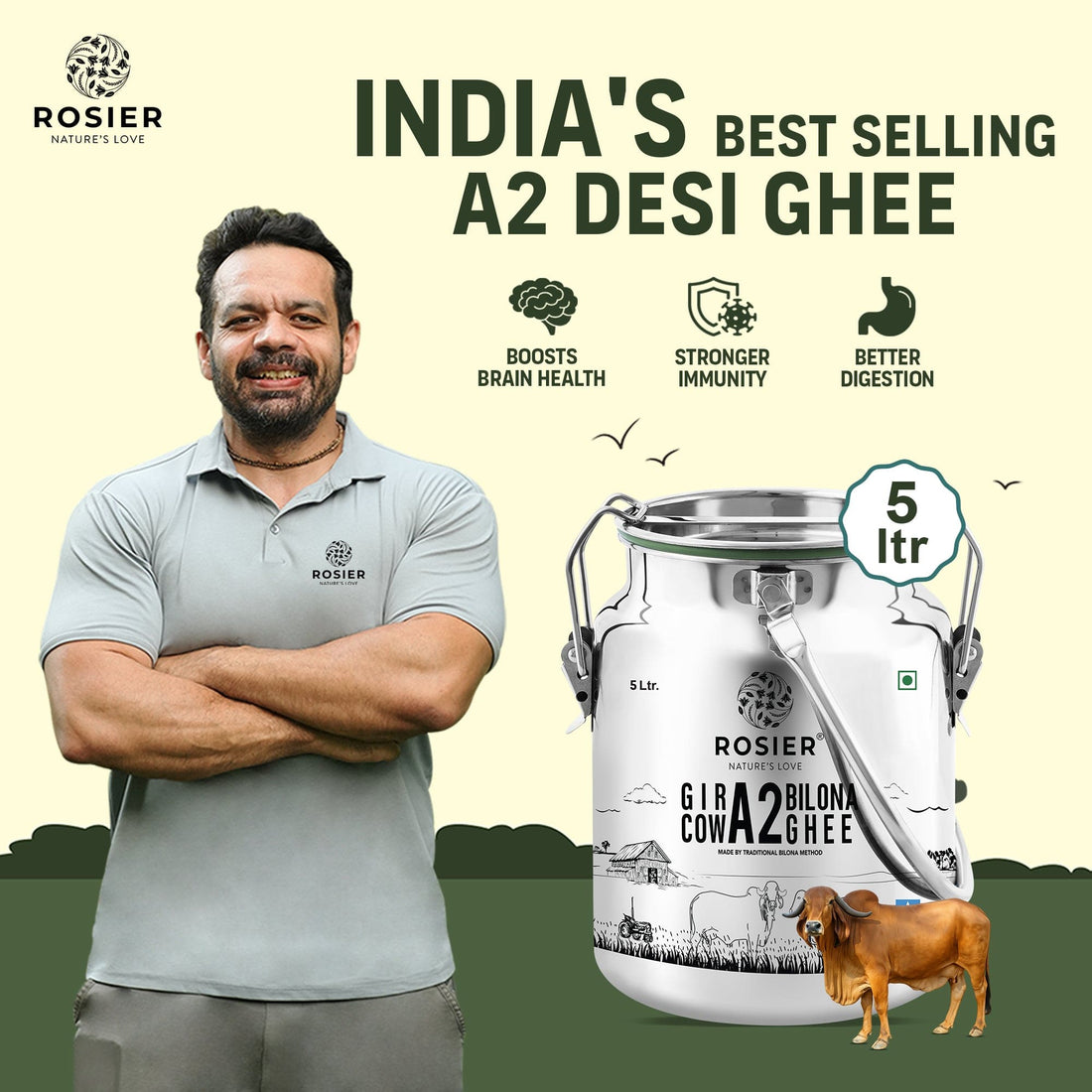 Rosier Foods Gir Cow A2 Ghee - Made From Curd 5 Ltr (Steel Dolchii)