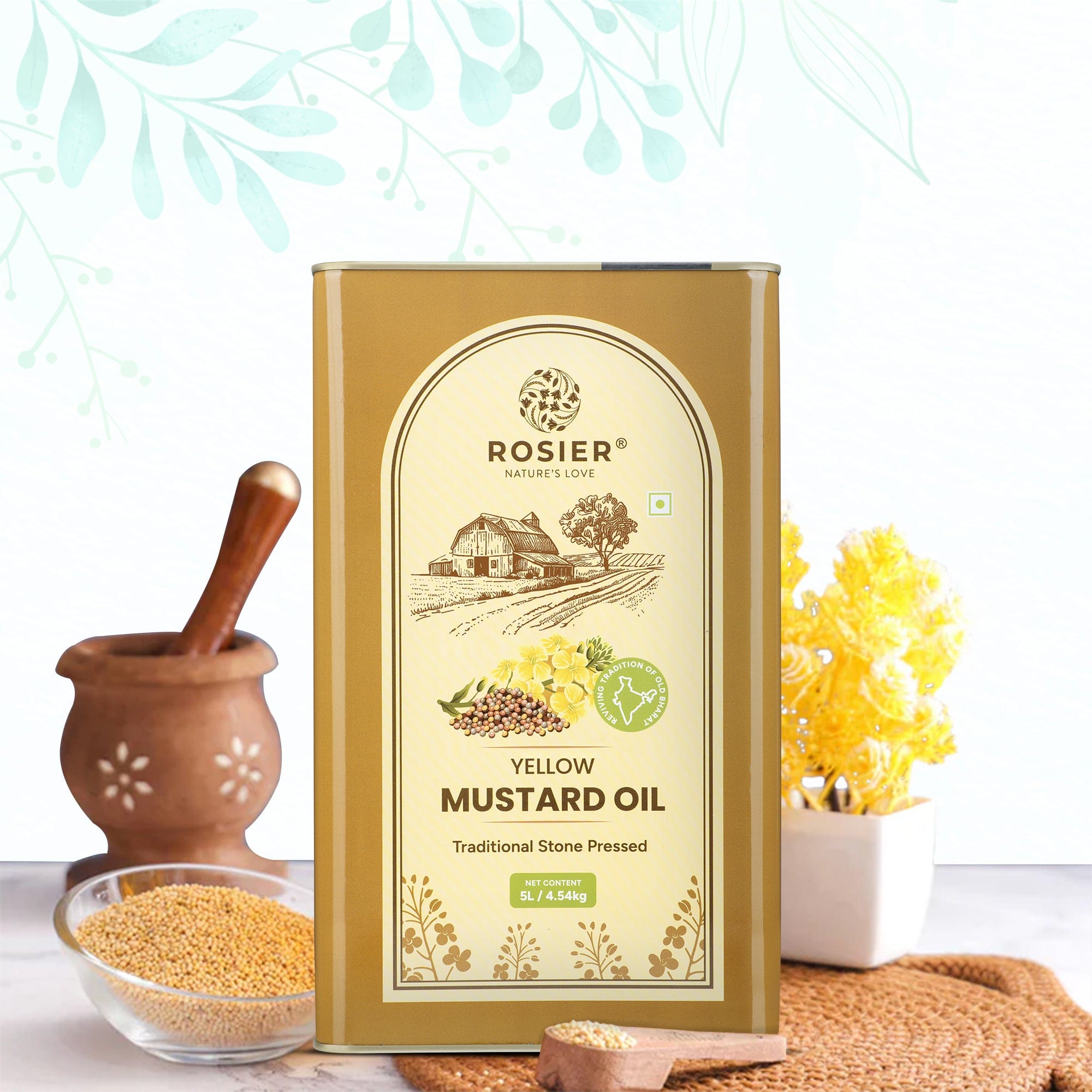 Rosier Foods Stone Pressed Yellow Mustard Oil 5 Ltr 5 L (Tin Pack)