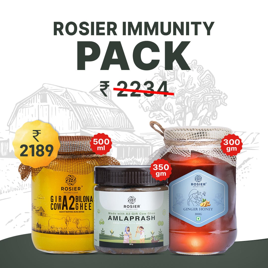 Rosier Foods Rosier Immunity Pack A2 Desi Ghee 500ml + Amlaprash 350gm + Ginger Honey 300gm