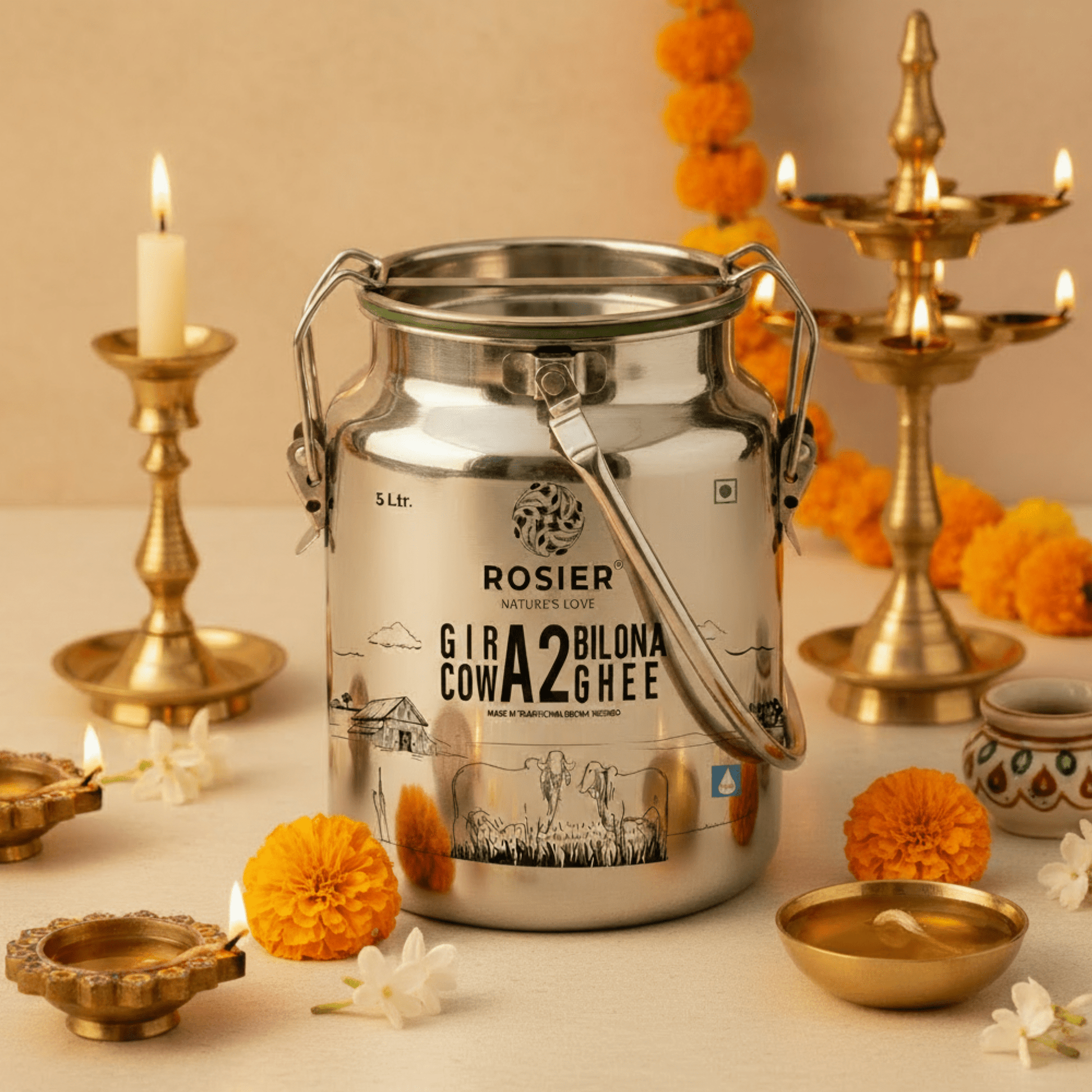 Rosier Foods Gir Cow A2 Ghee - Made From Curd 5 Ltr (Steel Dolchii)