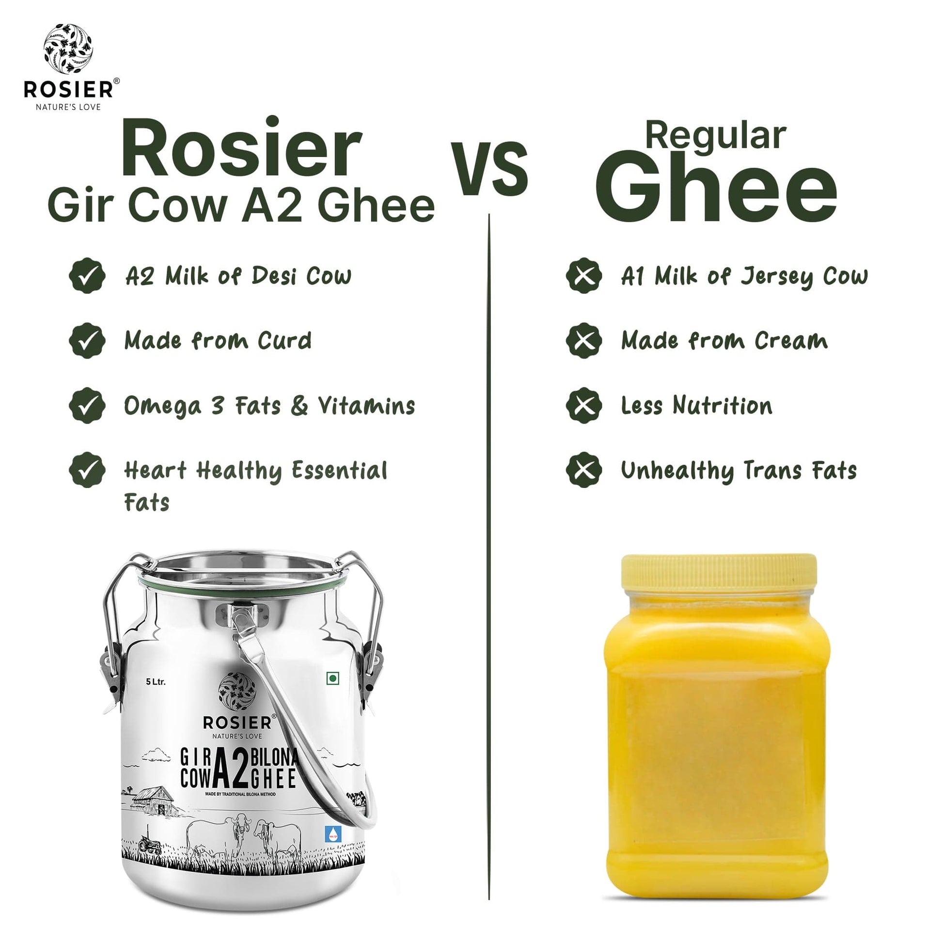 Rosier Foods Gir Cow A2 ghee - Made From Curd (5 Ltr - Steel Dolchi) 5 Ltr (Steel Dolchi)
