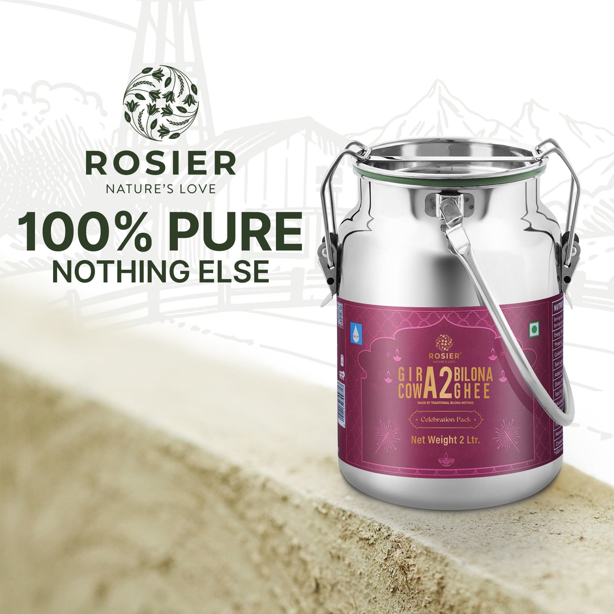 Rosier Foods Gir Cow A2 ghee - Made From Curd (2 Ltr - Steel Dolchi) 2 Ltr (Steel Dolchi)