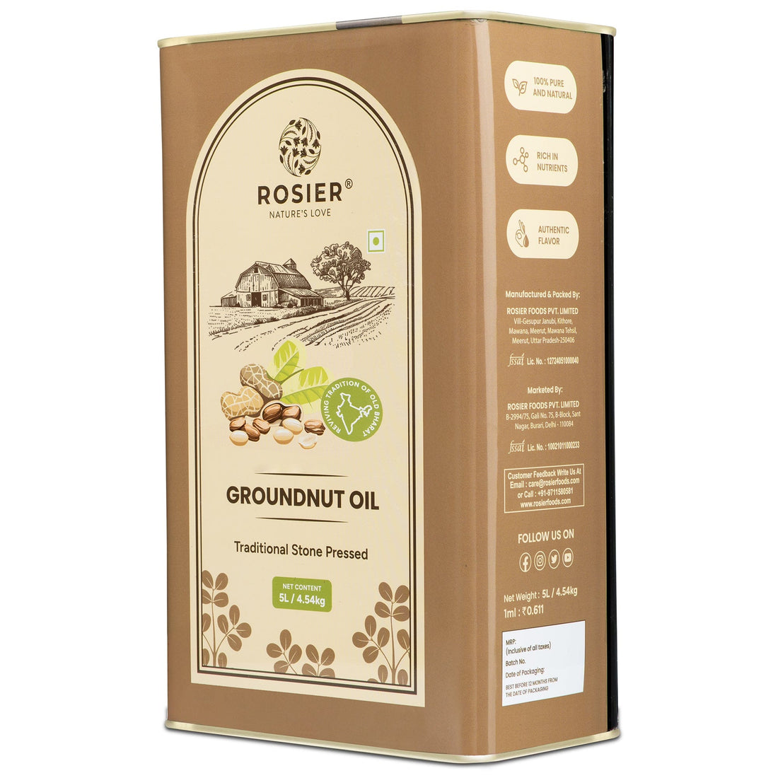 Rosier Foods Stone Pressed Groundnut Oil 5 Ltr 5 L (Tin Pack)
