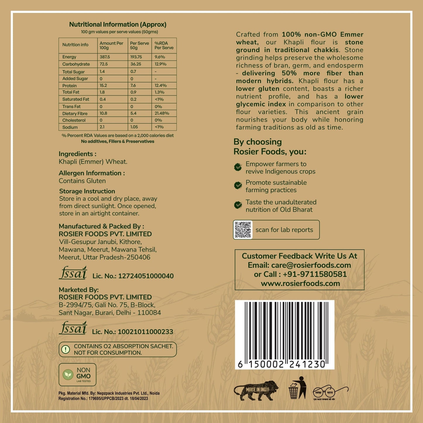Rosier Foods Khapli (Emmer) Wheat Atta