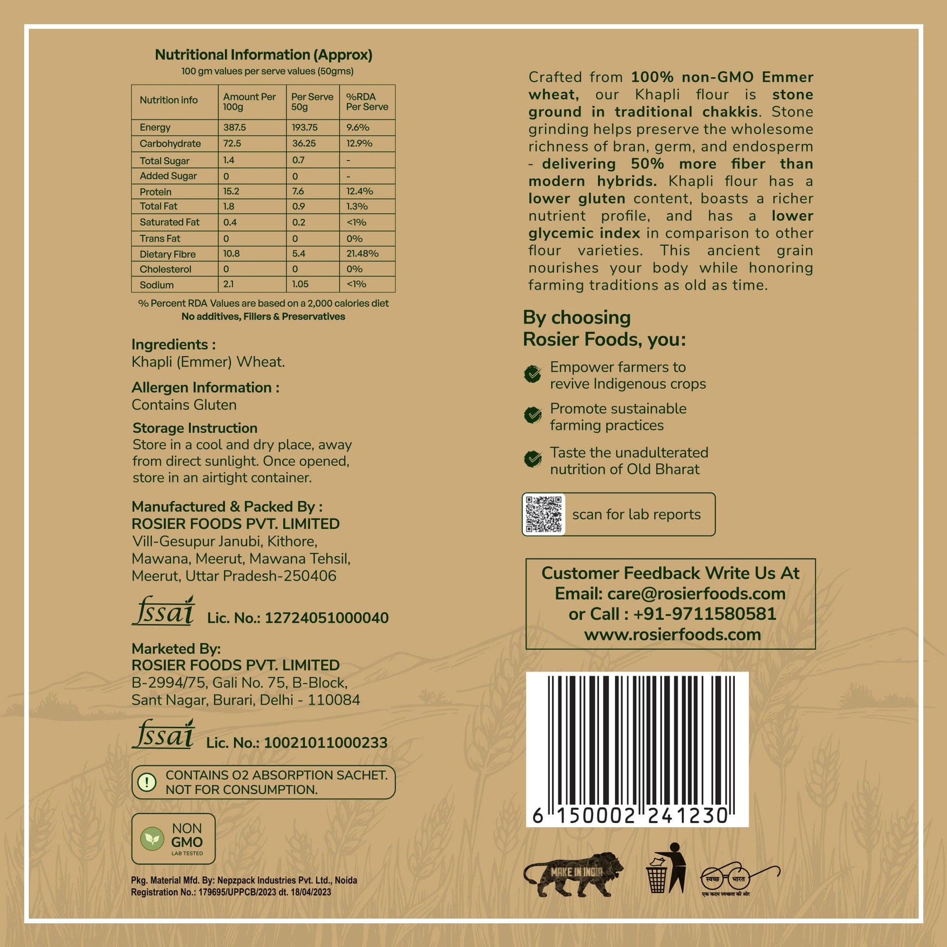Rosier Foods Khapli (Emmer) Wheat Atta