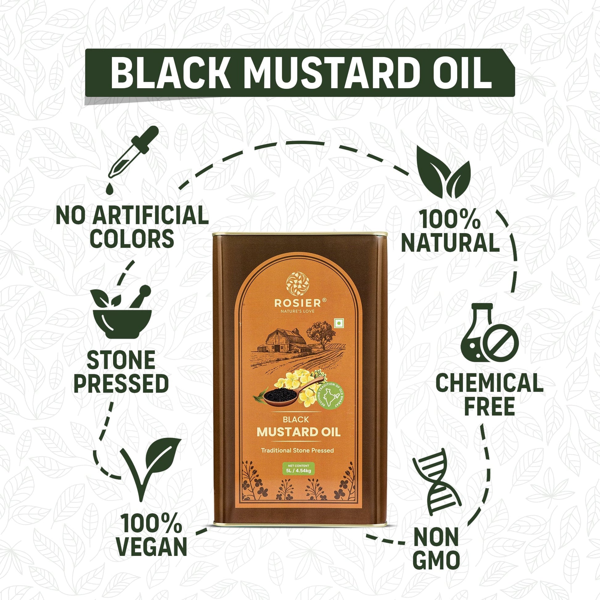 Rosier Foods Stone Pressed Black Mustard Oil 5 Ltr 5 L (Tin Pack)