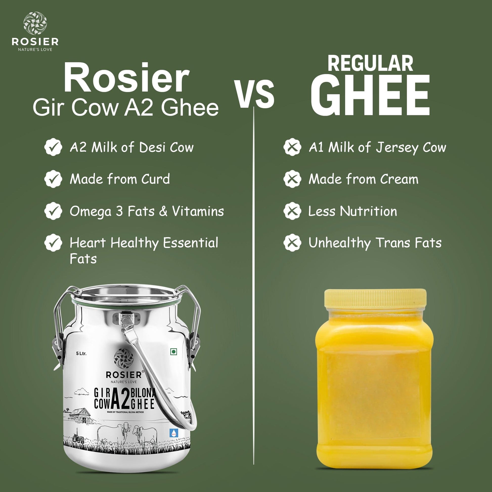 Rosier Foods Gir Cow A2 ghee - Made From Curd (5 Ltr - Steel Dolchi) 5 Ltr (Steel Dolchi)