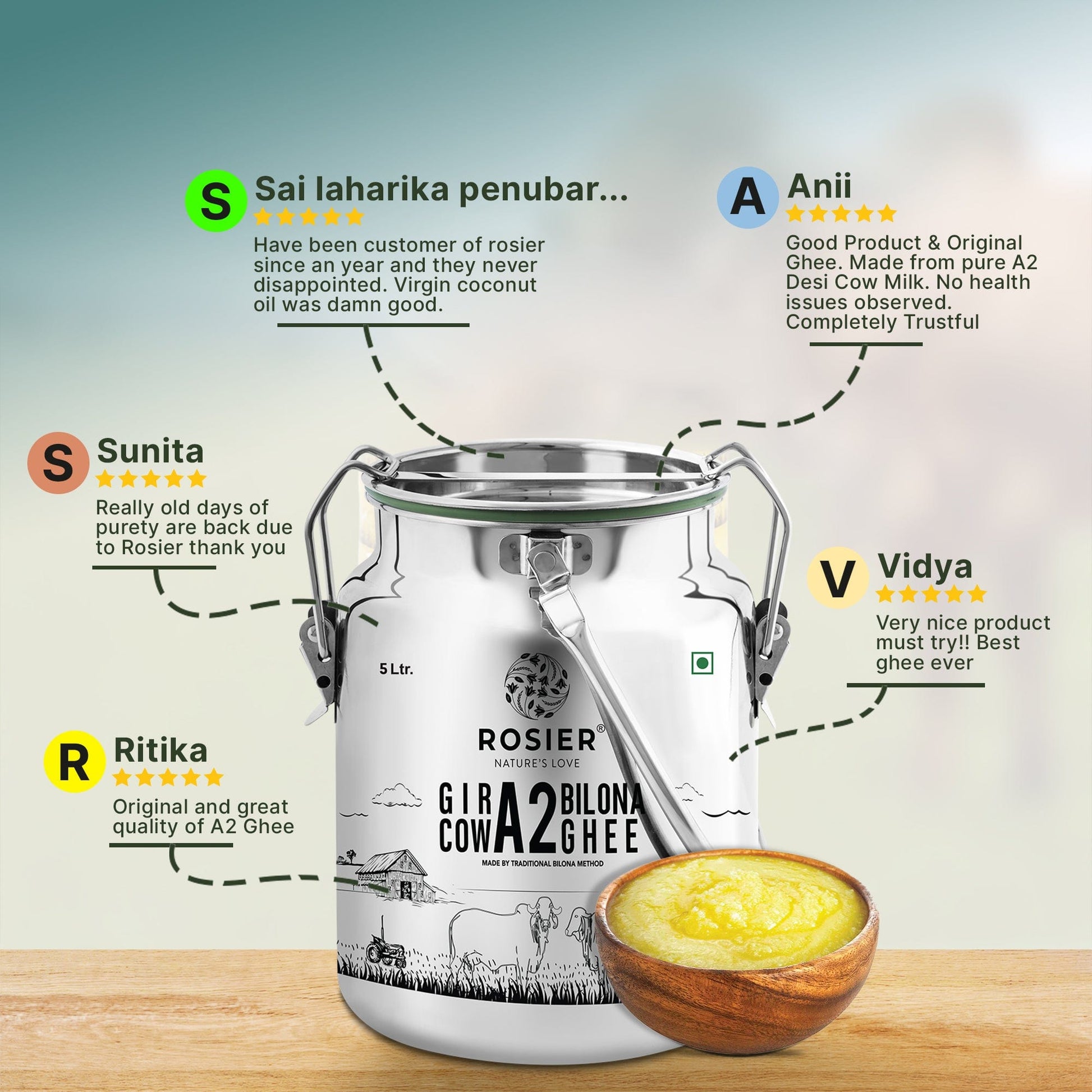 Rosier Foods Gir Cow A2 ghee - Made From Curd (5 Ltr - Steel Dolchi) 5 Ltr (Steel Dolchi)