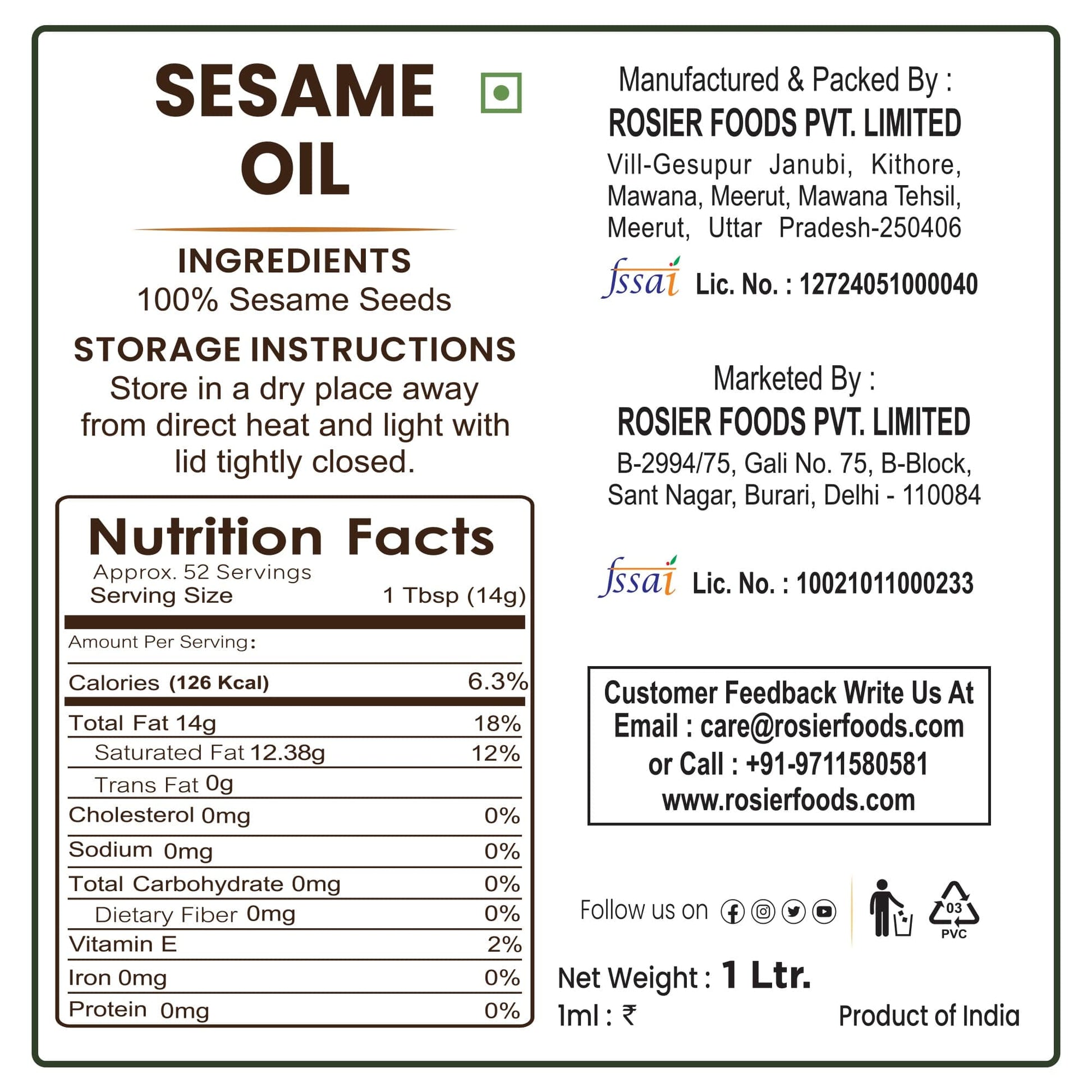 Rosier Foods Stone Pressed Sesame Oil 1000 ML (PET Bottle)