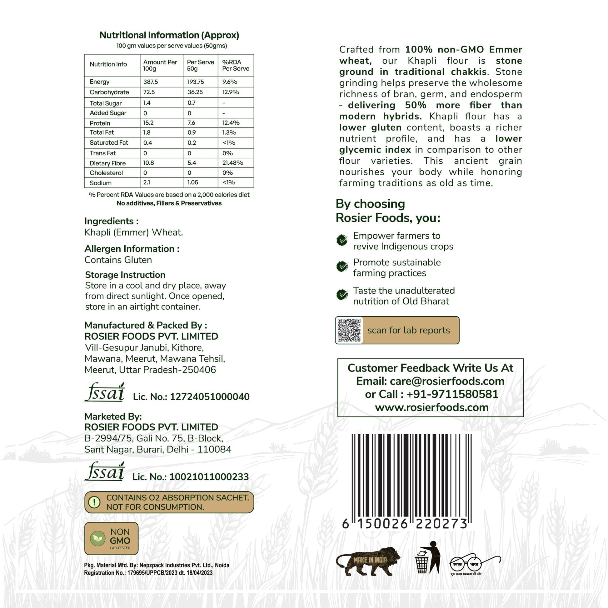 Rosier Foods Khapli (Emmer) Wheat Atta