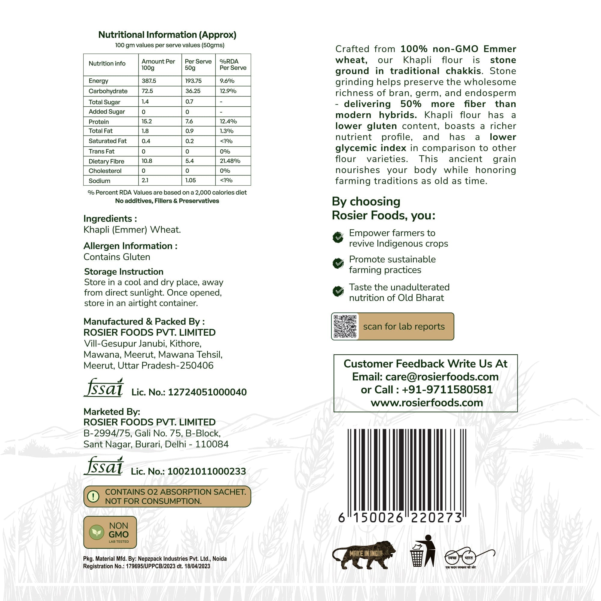 Rosier Foods Khapli (Emmer) Wheat Atta