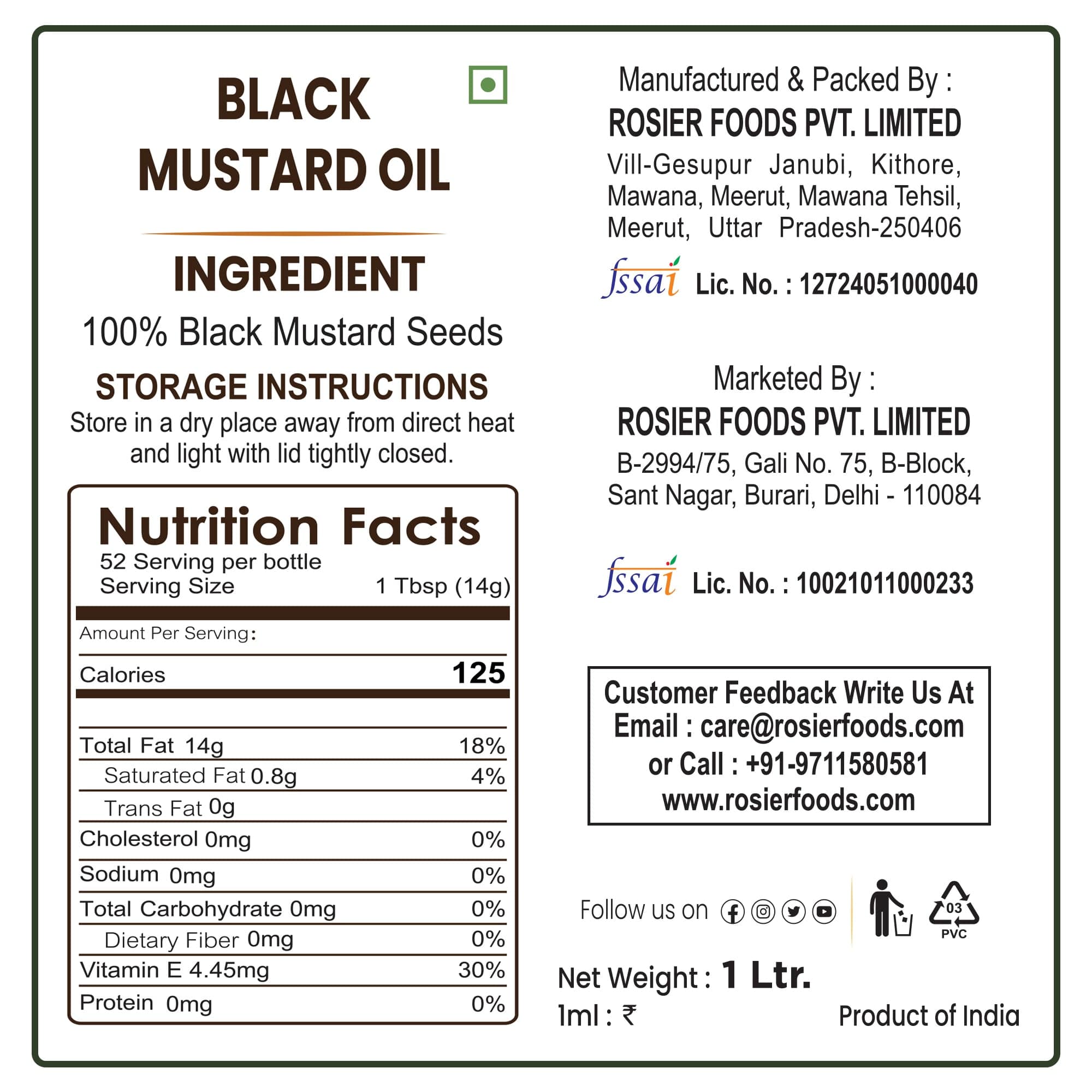 Rosier Foods Stone Pressed Black Mustard Oil