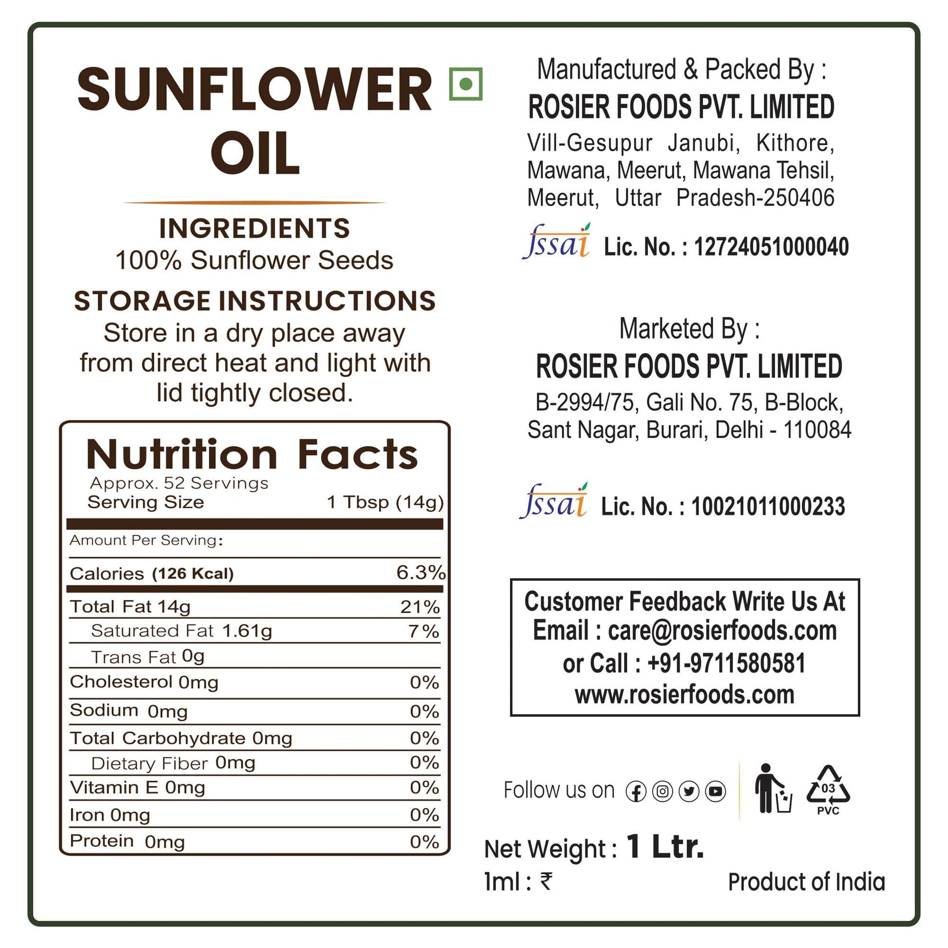 Rosier Foods Stone Pressed Sunflower Oil