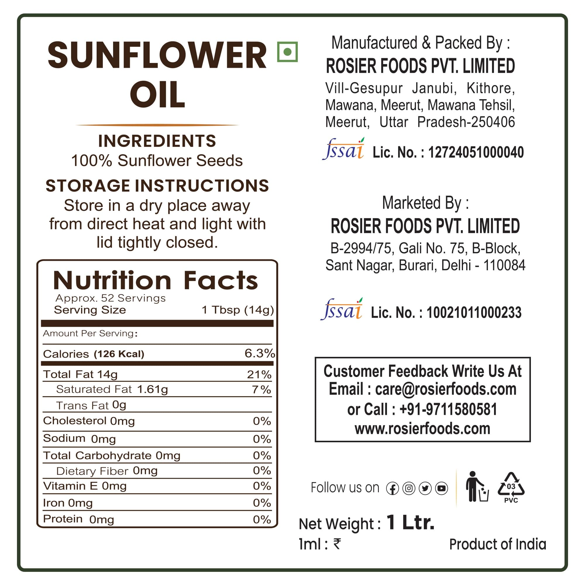 Rosier Foods Stone Pressed Sunflower Oil
