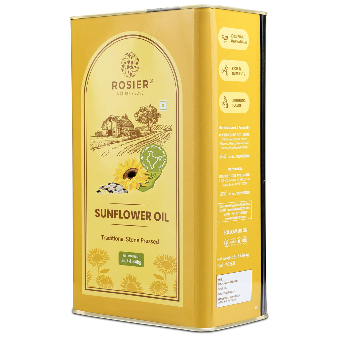 Rosier Foods Stone Pressed Sunflower Oil 5 Ltr 5 L (Tin Pack)