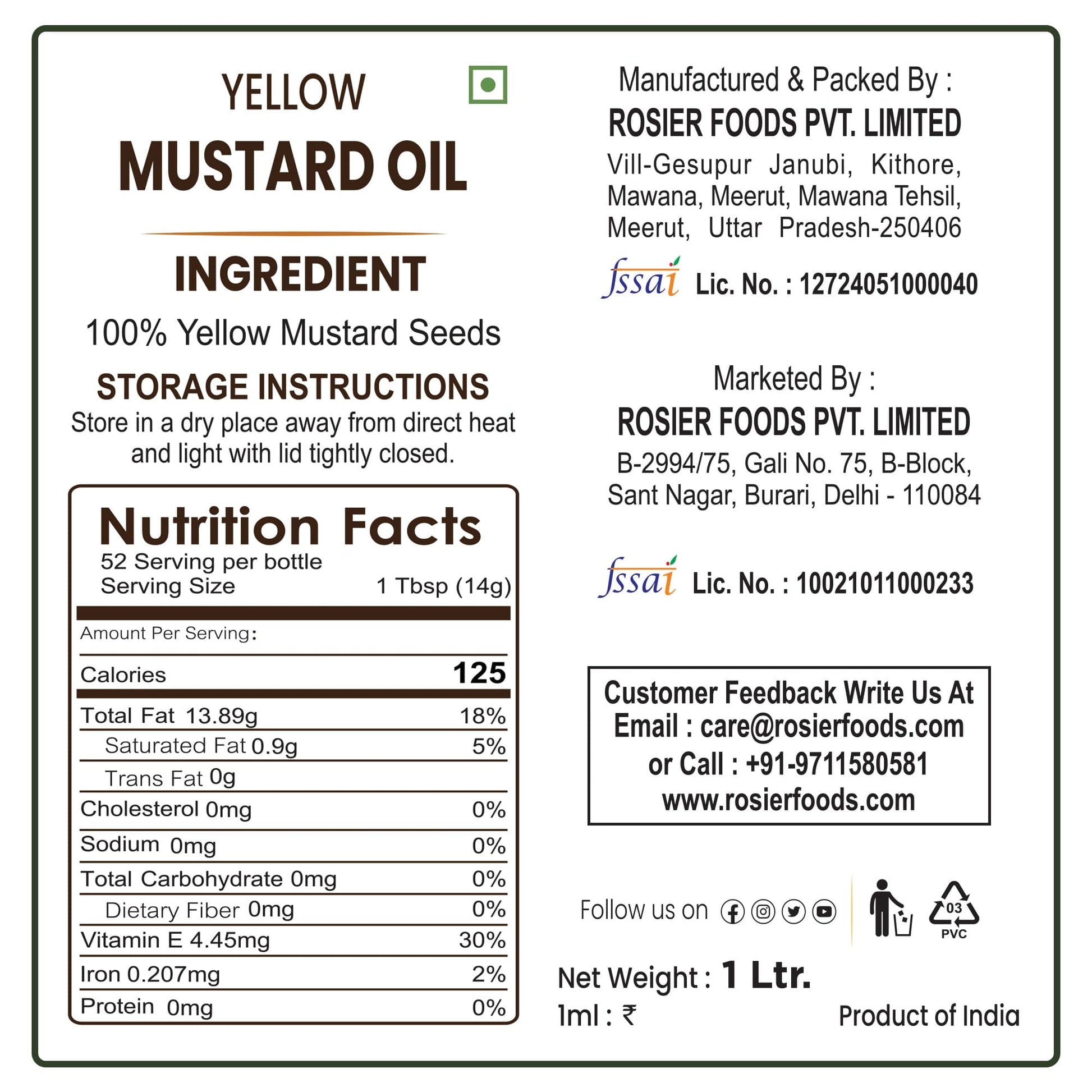 Rosier Foods Stone Pressed Yellow Mustard Oil