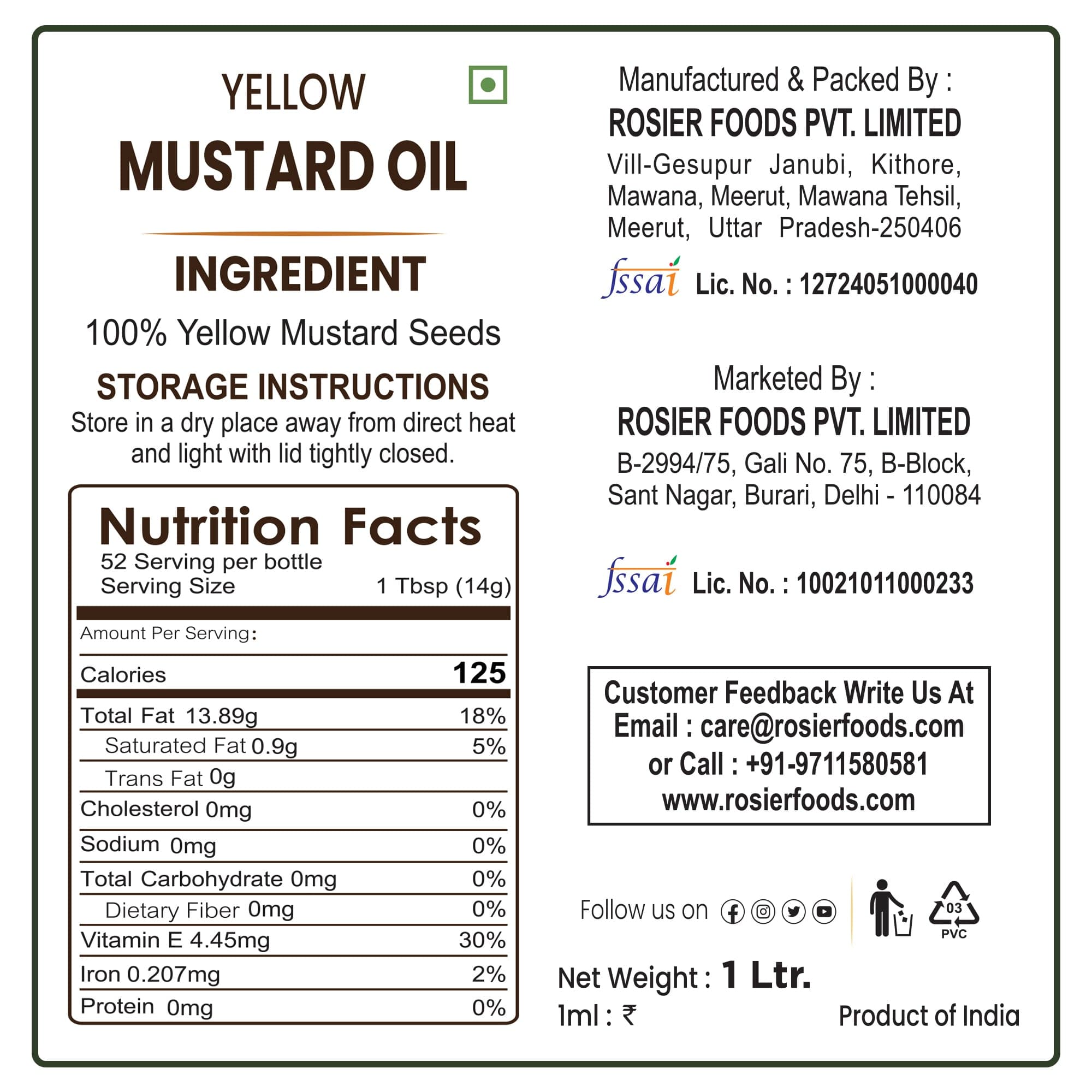 Rosier Foods Stone Pressed Yellow Mustard Oil