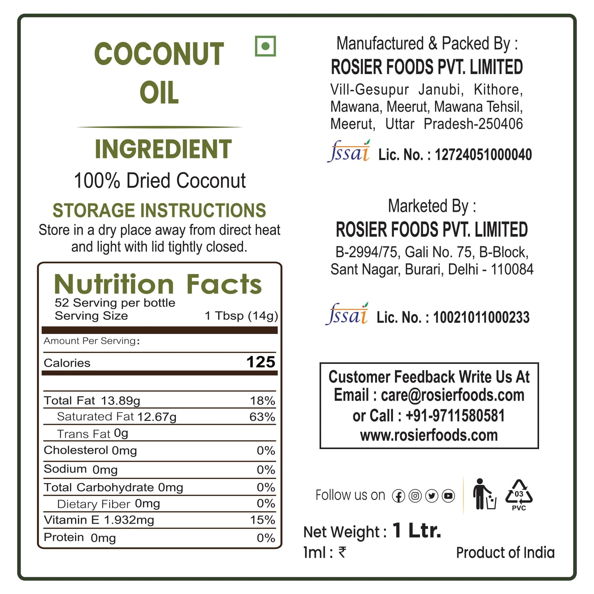 Rosier Foods Stone Pressed Virgin Coconut Oil 1000 ML (PET BOTTLE)